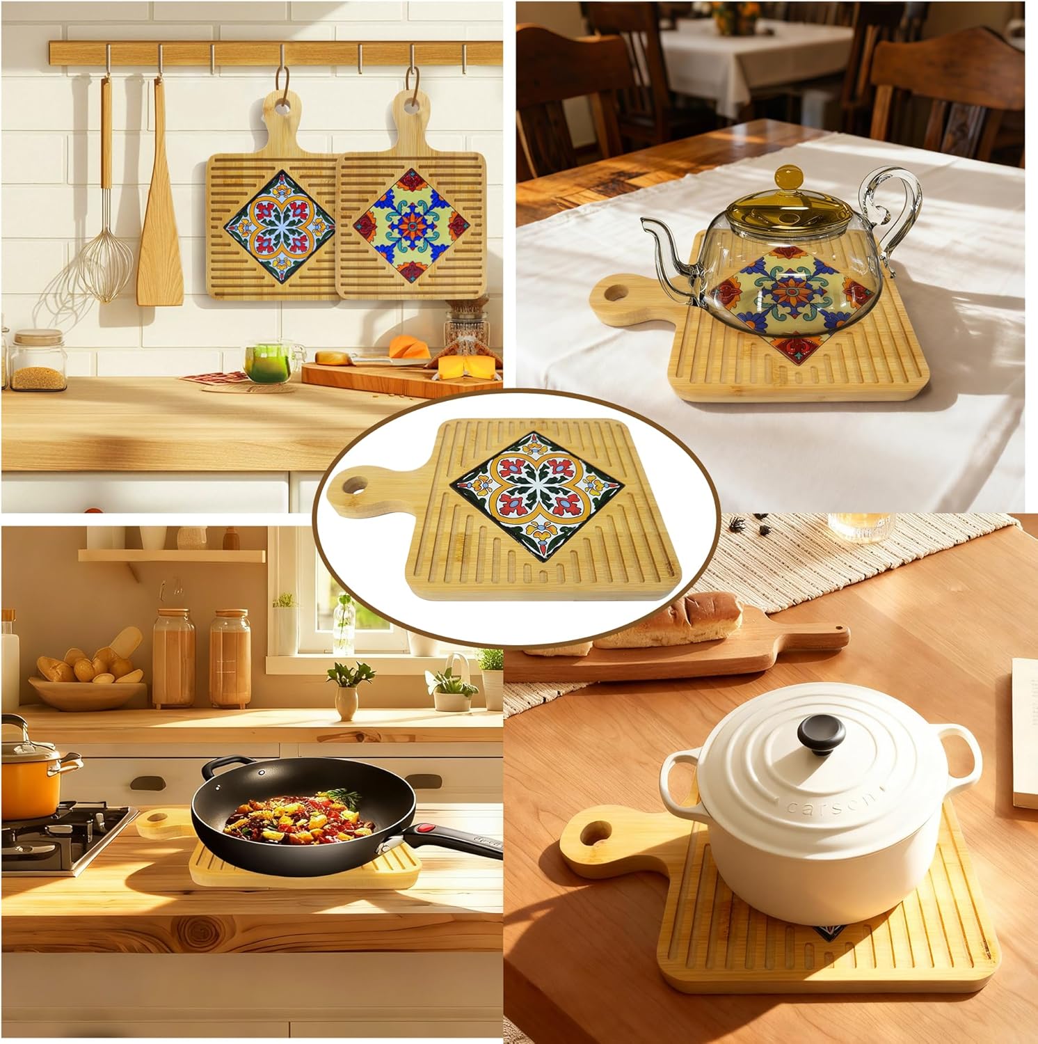 trivets for hot dishes,Kitchen Bamboo Hot Pads Trivet Natural Bamboo Trivet Mat Set for Hot,trivets for hot pots and pans,trivets for quartz countertops,3pcs(1 Woven Placemat)hot pads for countertops