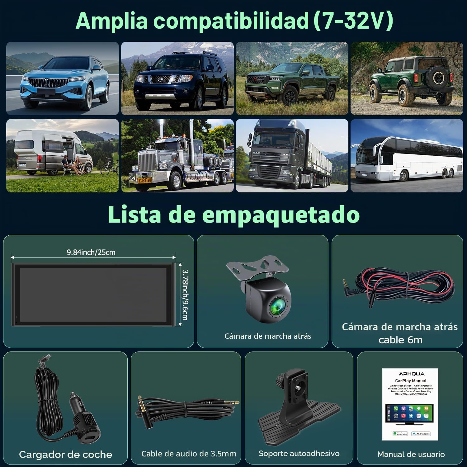 Pantalla Coche CarPlay Inalámbrico 10,25" Car Play Android Auto Estéreo con Dashcam Delantera Trasera 4K+1080P Sin Instalación Navegación Bluetooth FM AUX Tarjeta TF 64GB