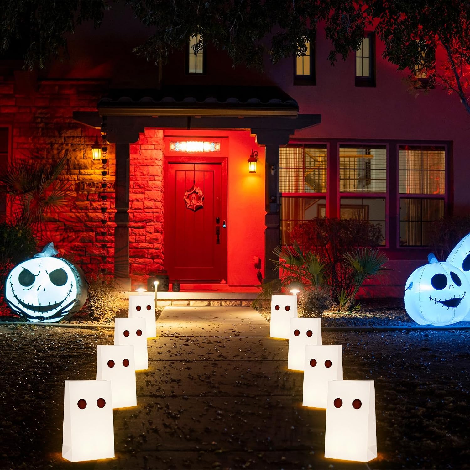 Outus 24 Pieces Halloween Ghost Luminaries Paper Bags with Flameless LED Tea Lights, White Flame Resistant Lantern Candle Paper Bags for Halloween Party Supplies Indoor Outdoor Home Decorations