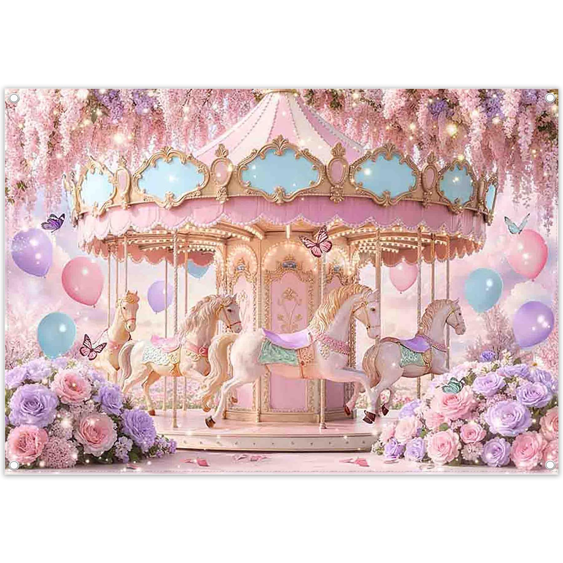 Photo 1 of ZTHMOE Fabric 7x5ft Spring Pink Carousel Photography Backdrop Fantasy Floral Garden Flowers Princess Butterfly Background Girls Kids Party Decorations Photo Banner Props