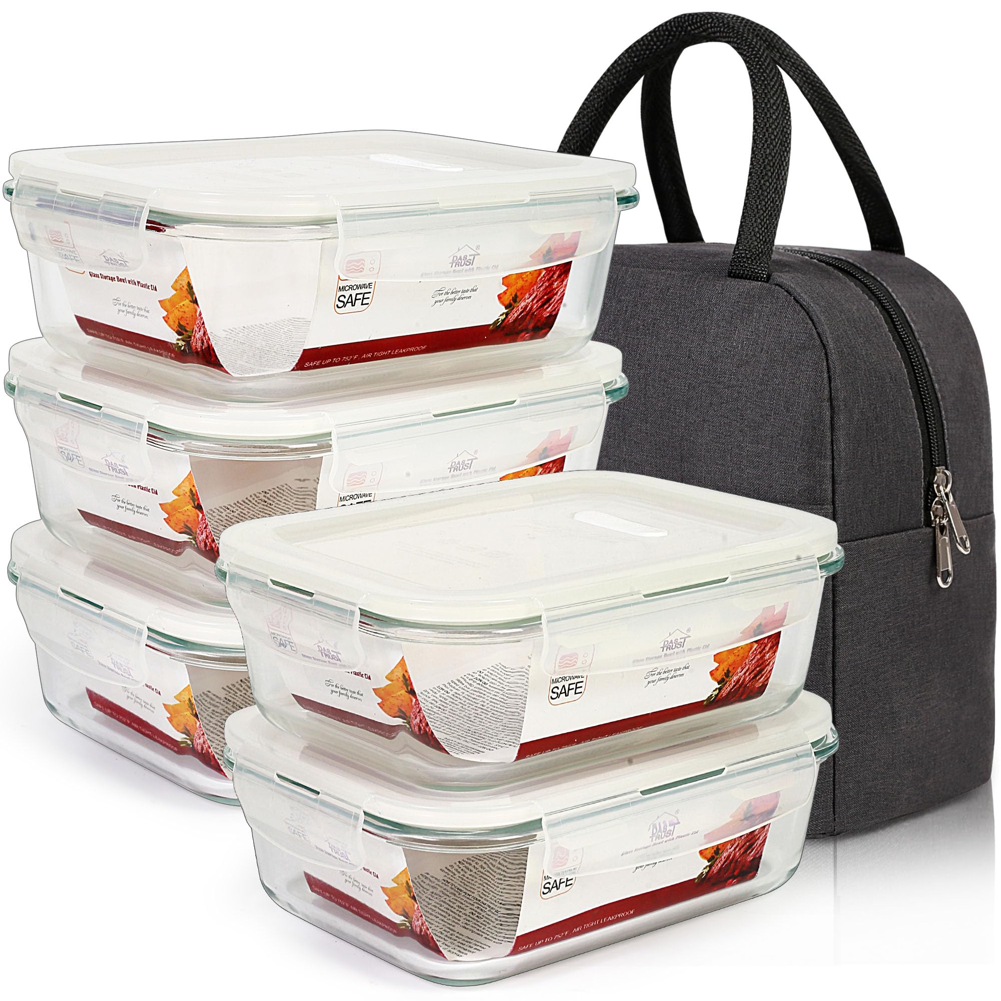 Paquete de 5 recipientes de vidrio de 36 onzas con tapas, recipientes de vidrio para preparación de alimentos con tapas, contenedor hermético para almuerzo, caja bento, contenedor de aperitivos,