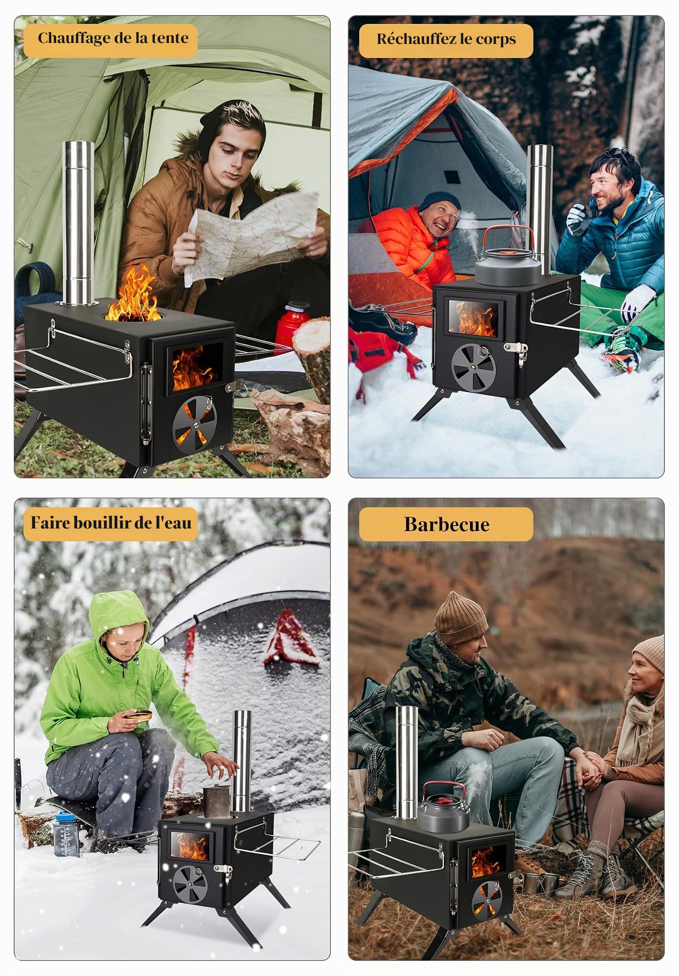 LAMA Poele a Bois Réchaud de camping, Mini Poele a Bois Poêle de camping Réchaud de Tente Portable, Poele de camping, poêle à bois tuyaux de cheminée réchaud portable d'extérieur (Noir)