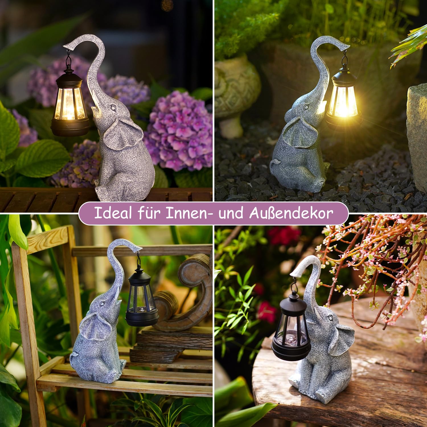 Yeomoo Elefanten Deko mit Solar Laterne Gartenfiguren - für Außen Gartendeko mit Wetterfest LED Solarlampe für Balkon Garten, Geschenke für Frauen Männer Mama Geburtstagsgeschenk Grau
