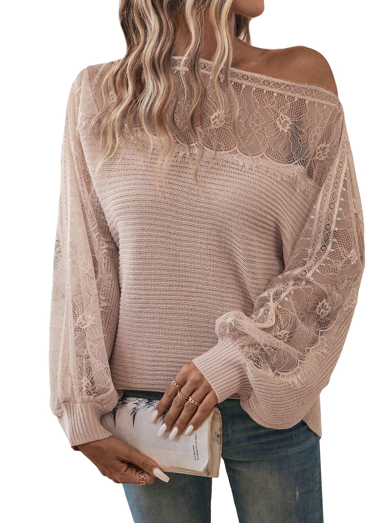 WDIRARA Womens Contrast Lace Boat Neck Mesh Long Sleeve Sweater Ribbed Knit Pullovers