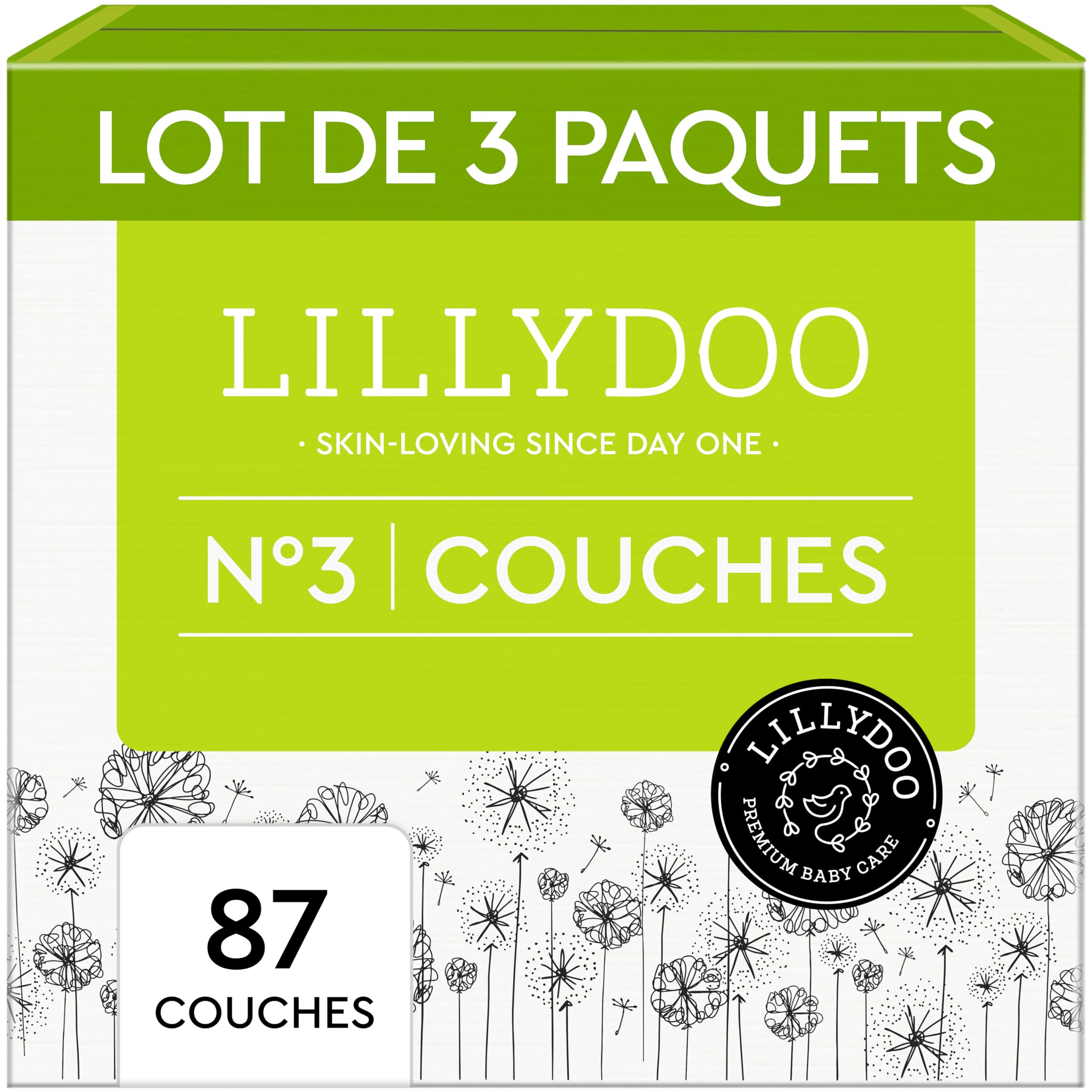 LILLYDOO - Couches Bébé Hypoallergéniques, Taille 3 (6+ kg), Lot de 3 paquets (87 pièces), Ultra Douces et Absorbantes, sans Parfum et Lotion pour les peaux sensibles, Testées dermatologiquement