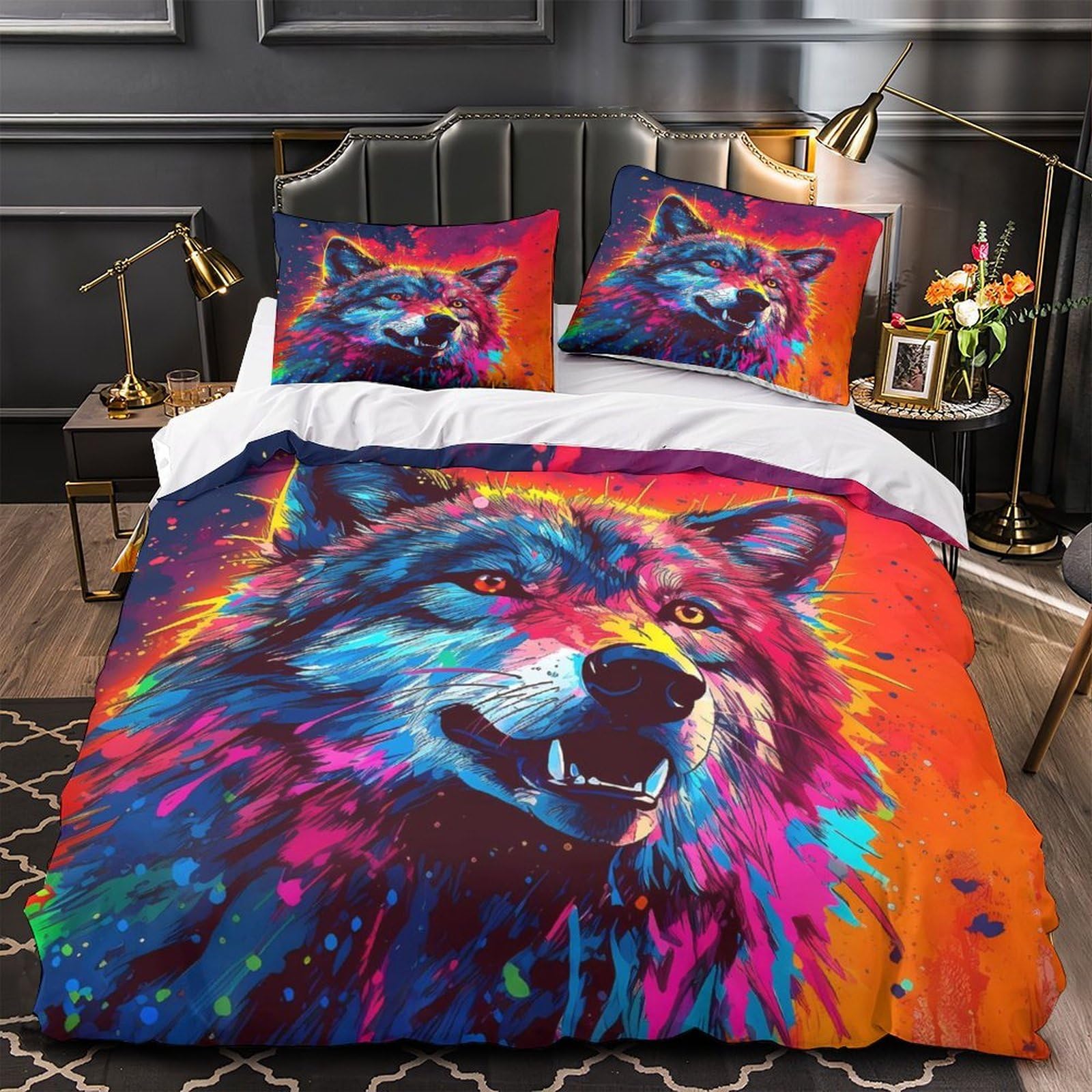 Parure de lit loup 3D pour une chambre d'adulte moderne et colorée