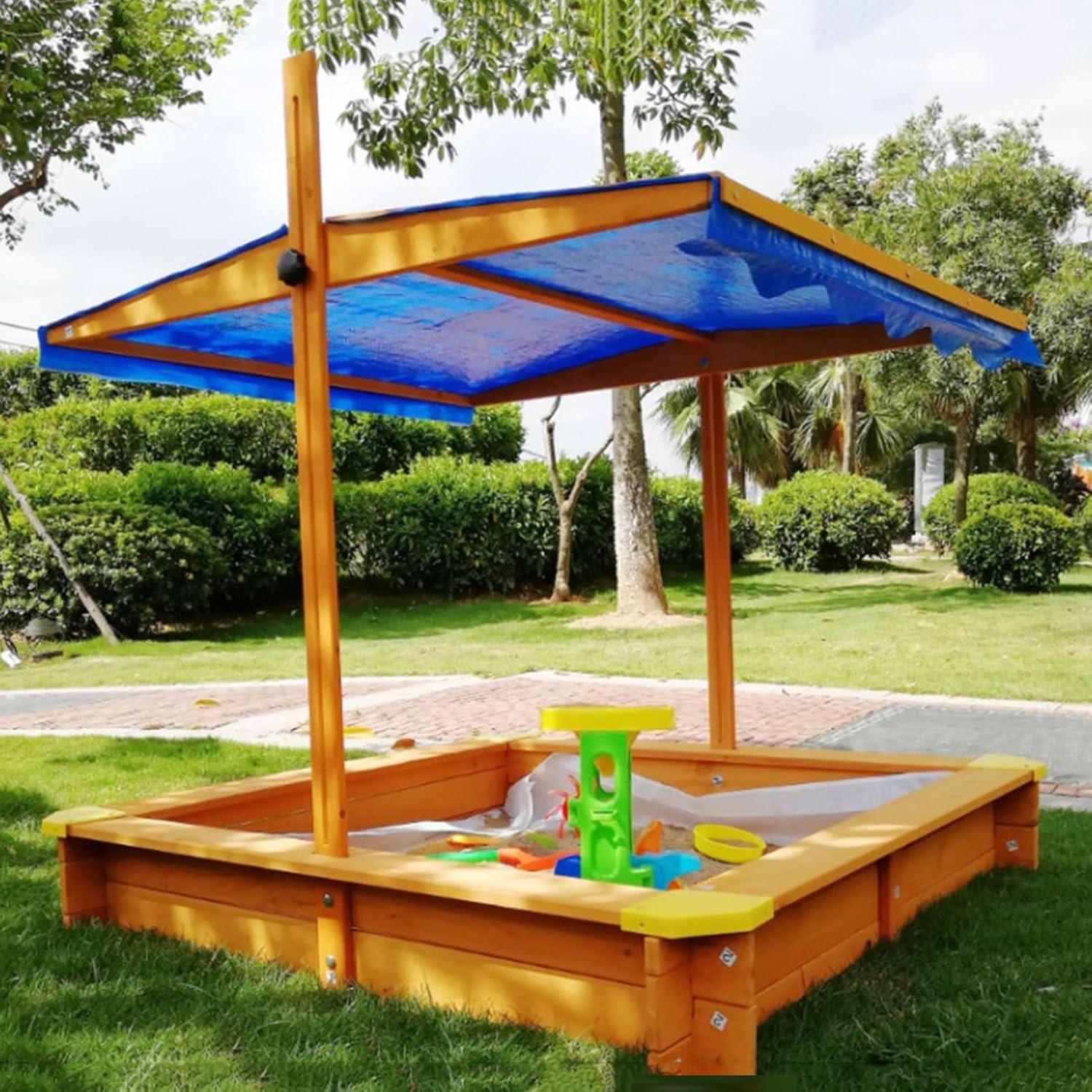 Wooden Sandbox, Sand Pit with Adjustable Canopy, Anti-Aging Woven Backing, Wooden Sand Box for Kids Ages 4-8, Great for Children Boys Girls