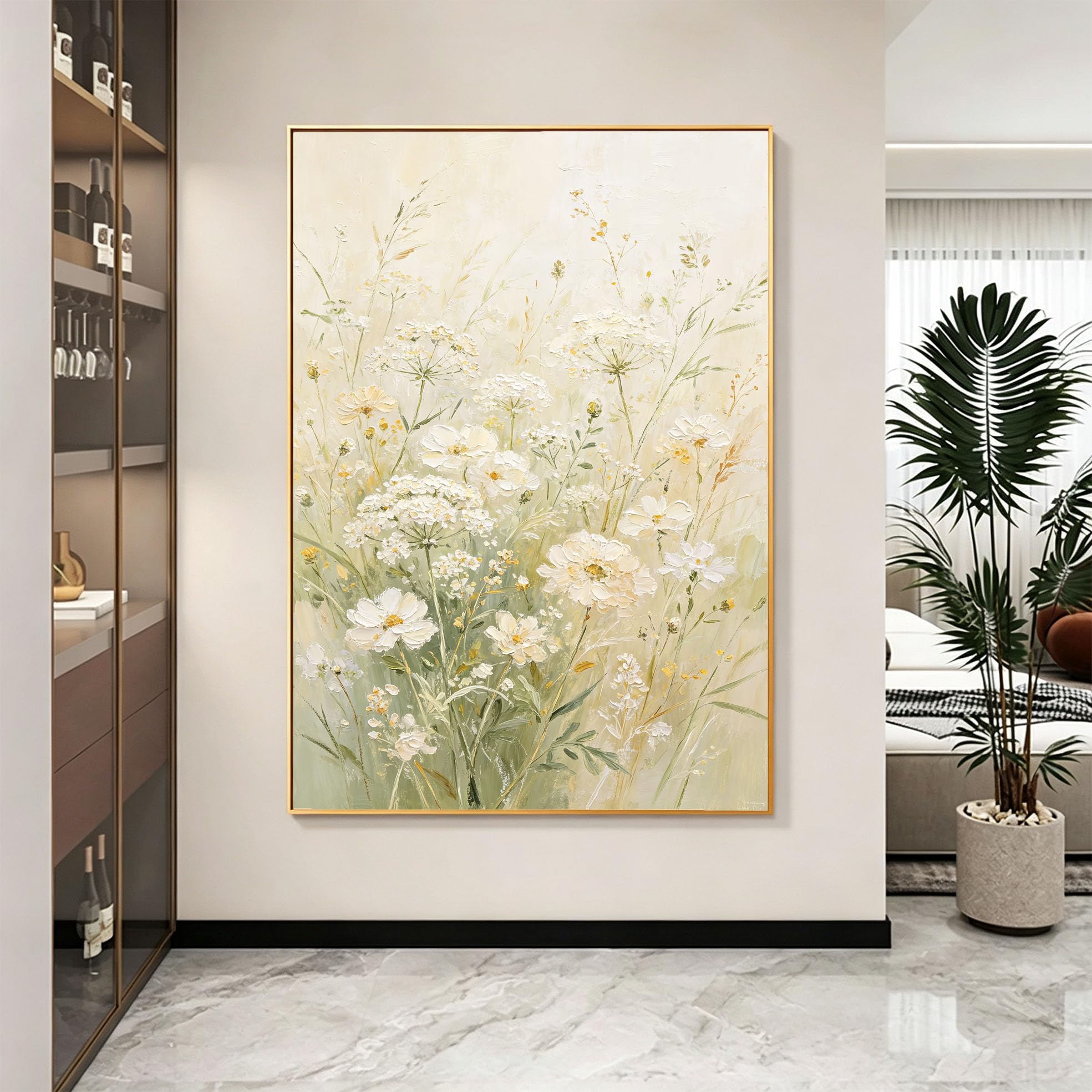 100% Handgemaltes Florales Ölgemälde, Weiße Gänseblümchen, Leinwandbild, Rahmenlos, Abstraktes Blumenmotiv Für Wohnzimmerdekoration, 100 X 160 Cm (39,4 X 63 Zoll)