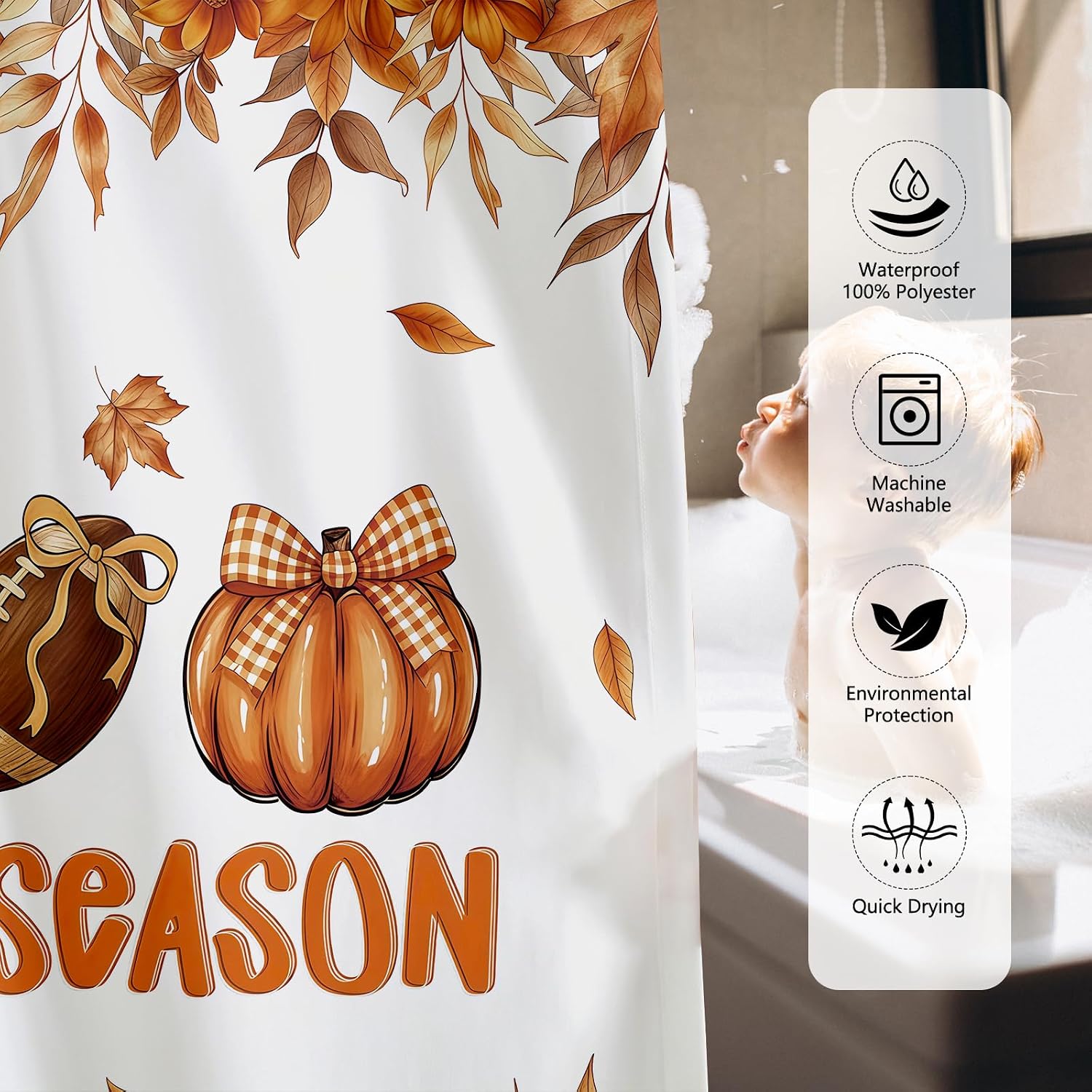MEHOFOND Fall Pumpkin Shower Curtain, Tis The Season Shower Curtain 72x72in