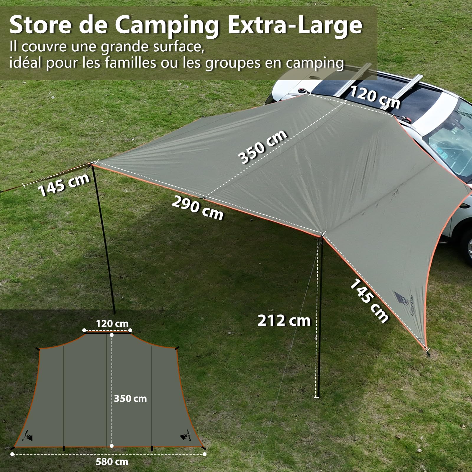 GEERTOP 3,5 x 5,8 m Store Auto Voile d'Ombre, Etanche 3000 mm Grand Auvent Latéral Auto avec 2 Bâtons, Toit Anti-Solaire Hydrofuge pour Camping Auto, caravanes, Camping Car, Auvent Fourgon
