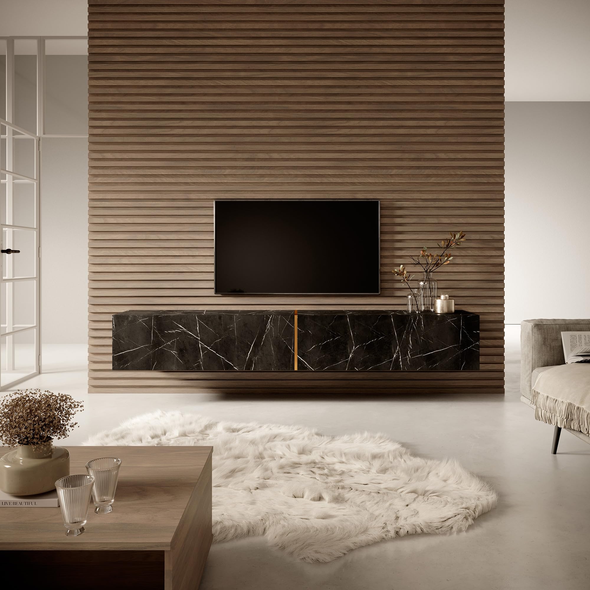 Selsey Mueble De TV Mesa De TV 200 cm Suspendido para Salón Dormitorio Mármol Negro con Inserción Dorada Bisira