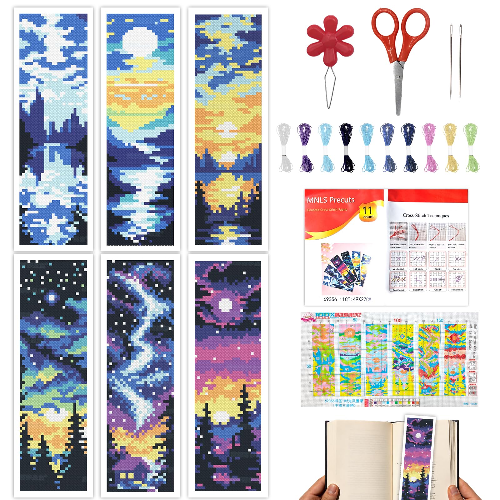 Gmbank Various Colors 6Pcs Starry Nightscape Cross Stitch Bookmark Kits, Lake & Sky Scenery Stamped Embroidery Bookmarks For Beginners With Instructions, Diy Needlepoint Craft Bookmark Gift For Book Lovers & Readers
