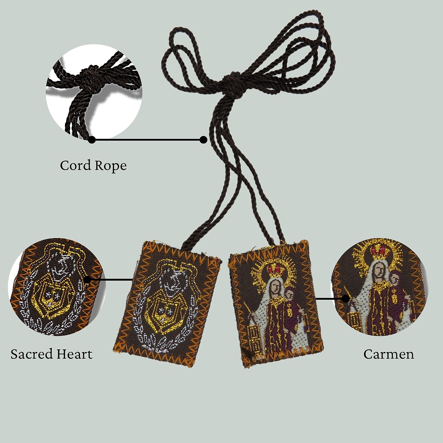 Needzo Bulk Carmen and Sacred Heart Scapulars Catholic, Embroidered Brown Scapular for Women, 12 Pack