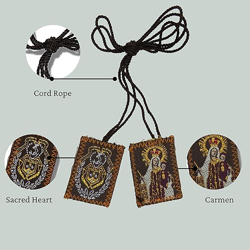 Miniatura 5 de Needzo Escapularios Católicos de Carmen y Sagrado Corazón a Granel, Escapulario Marrón Bordado para Mujer, Paquete de 12