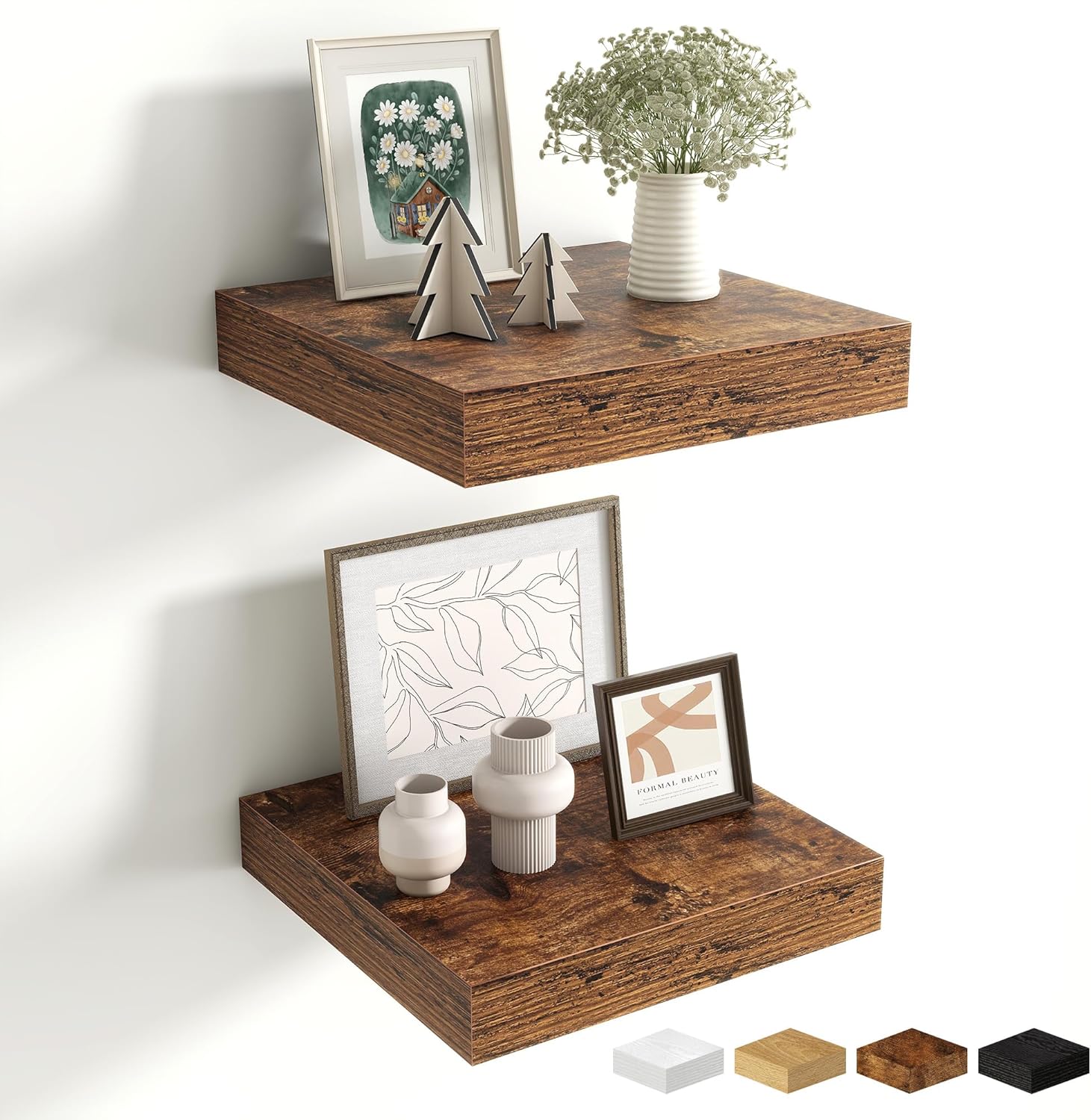 Fun Memories Floating Shelves for Wall - 10" x 10" Wood Shelf with Invisible Bracket - Deep Floating Shelves - 10 Inch Shelf Wall-Mounted for Living Room & Bathroom - Rustic Brown - Set of 2
