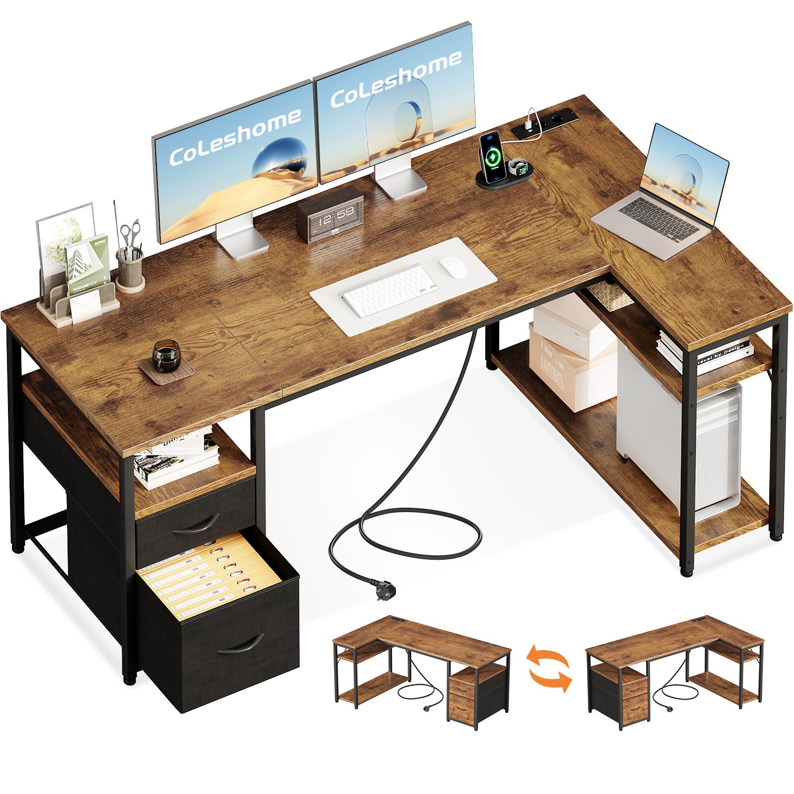 Coleshome Schreibtisch mit 2 Schubladen und Regal, Eckschreibtisch mit Stauraum und Steckdose, Umkehrbarer Gaming Tisch für Homeoffice & Familienecke
