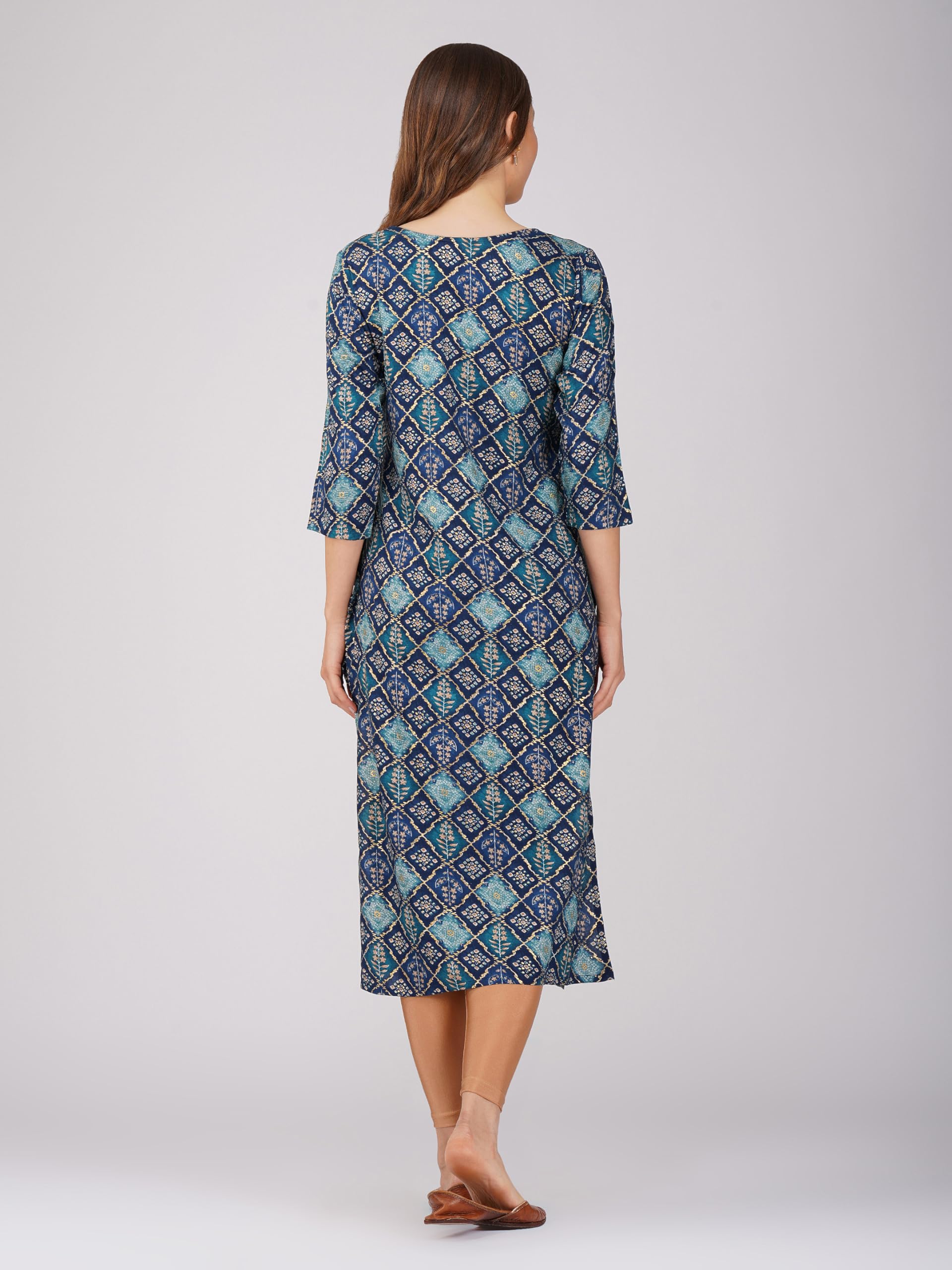 Rytras Women's Foil Printed Straight Kurta(Blue,Xl)