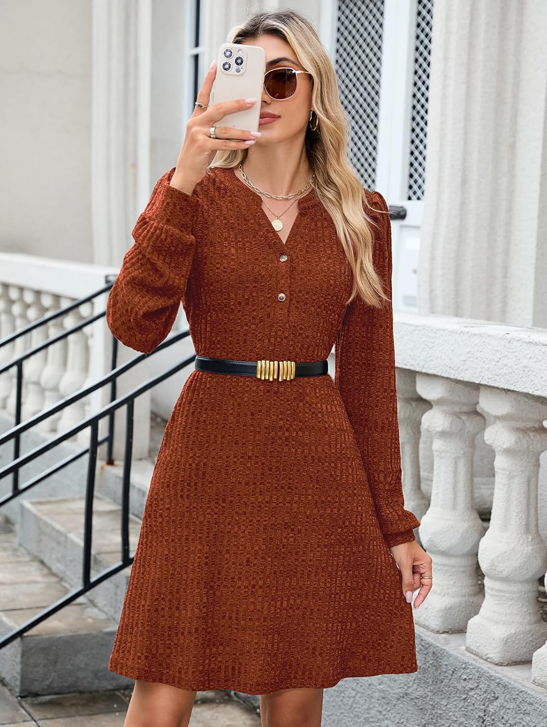 ZAFUL Womens Long Sleeve Fall Dresses with Pockets V Neck Button Casual Bodydoll Knit Sweater Dress 2025 - Image 5