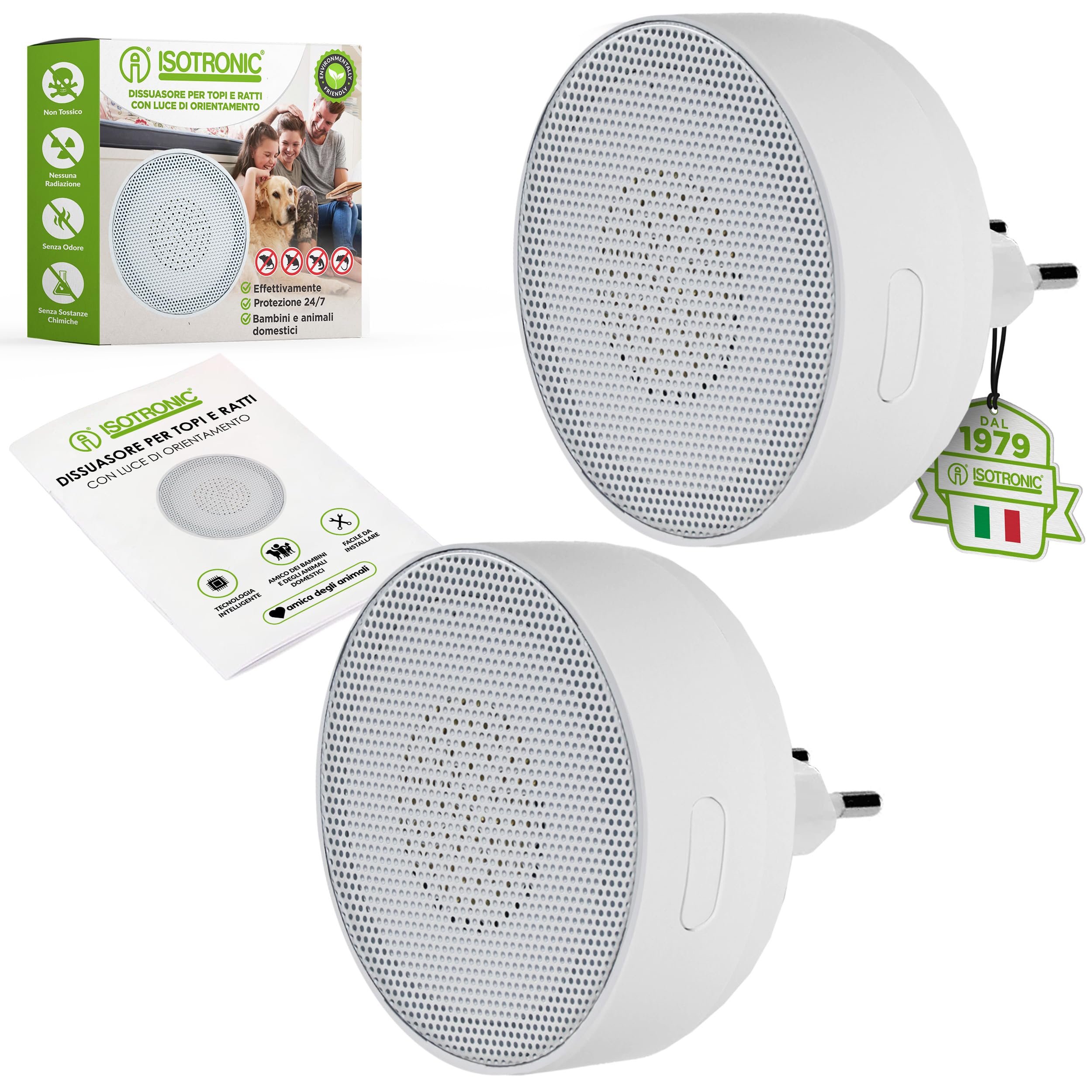 ISOTRONIC Dissuasore a ultrasuoni per topi e ratti, repellente per parassiti per interni, con luce di orientamento, spaventapassi senza veleno e trappola per topi, campo d'azione di 30 m² (1 pezzo)