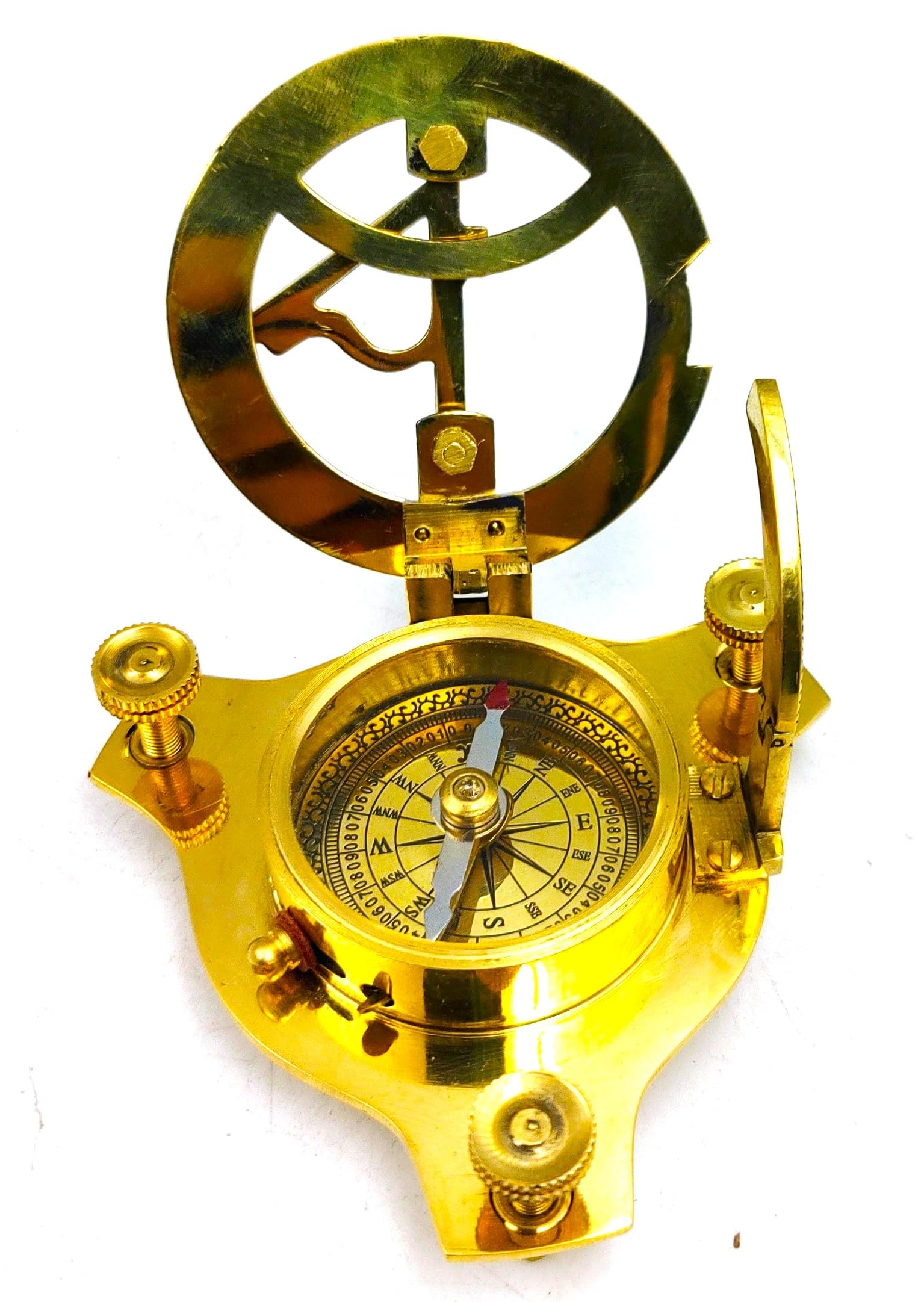 Sundial Compass for Hiking, 3 Inches Nautical Compass for Outdoor, Pocket Compass for Hiking, with Display Stand Camping Maritime Vintage Brass Sundial Compass 3
