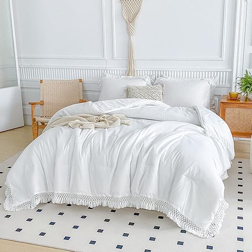 Miniatura 7 de Juego de edredón con borlas blancas, tamaño Queen de 90 x 90 pulgadas, 3 piezas con flecos rosados, juego de ropa de cama bohemio de microfibra