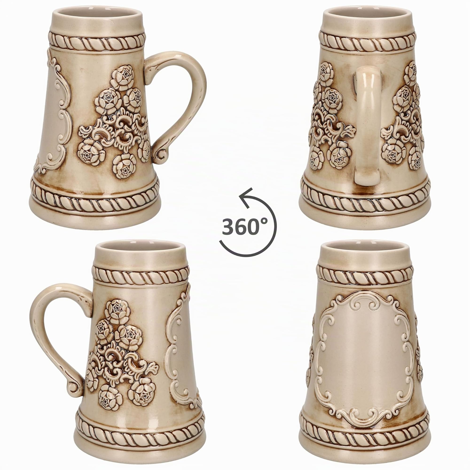 MamboCat Lot de 6 chopes à bière conique en céramique avec anse - 0,5 l - Beige/marron - Avec relief et plaque pour 6 personnes - Chope à bière au look vintage - Pour barbecue, fête de club