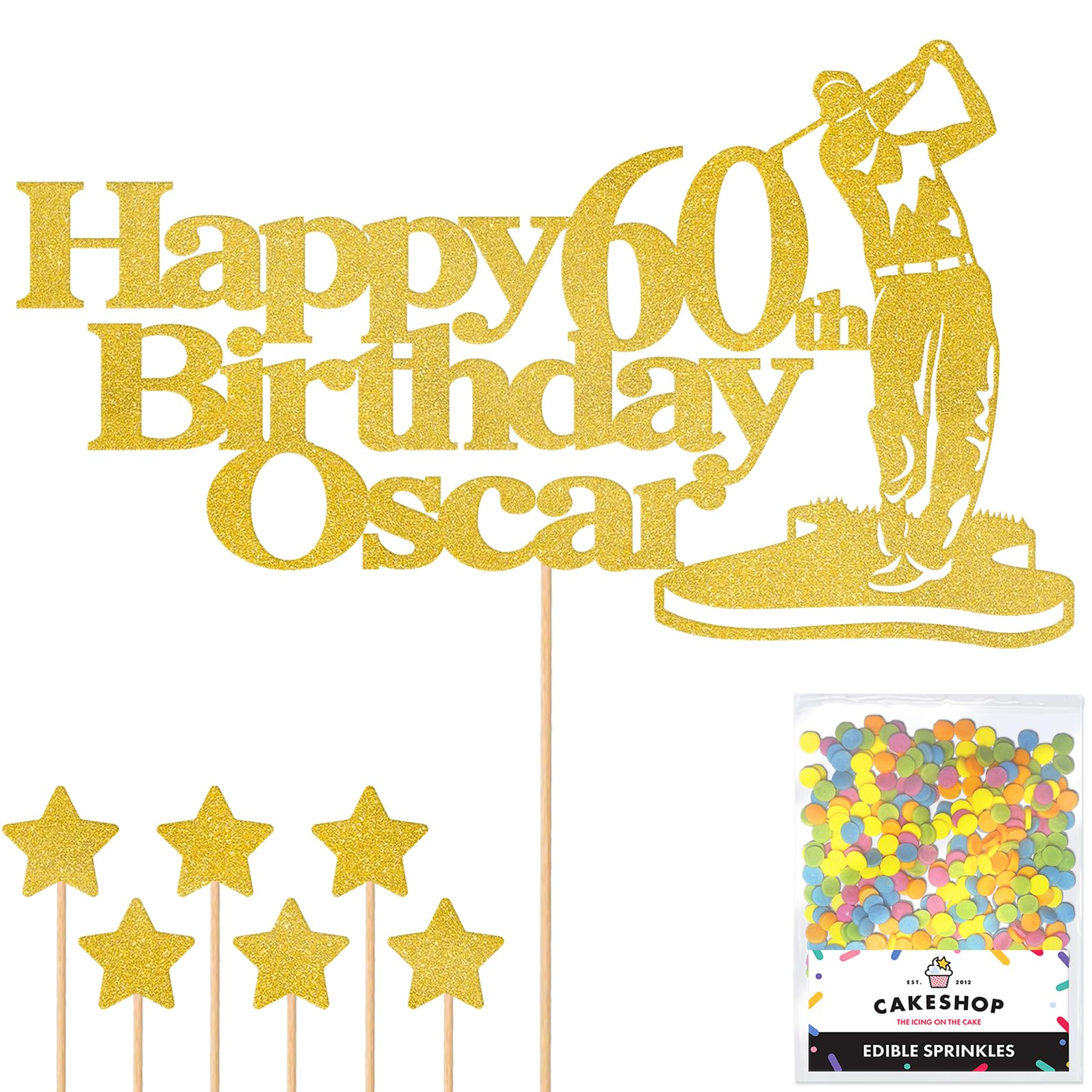 Personalised Golf Golfer Glitter Cake Topper - Gold Custom Age & Name Glitter Cake Decoration and Sprinkles - Happy Birthday Decorations - Personalised Toppers for Cakes by Cakeshop