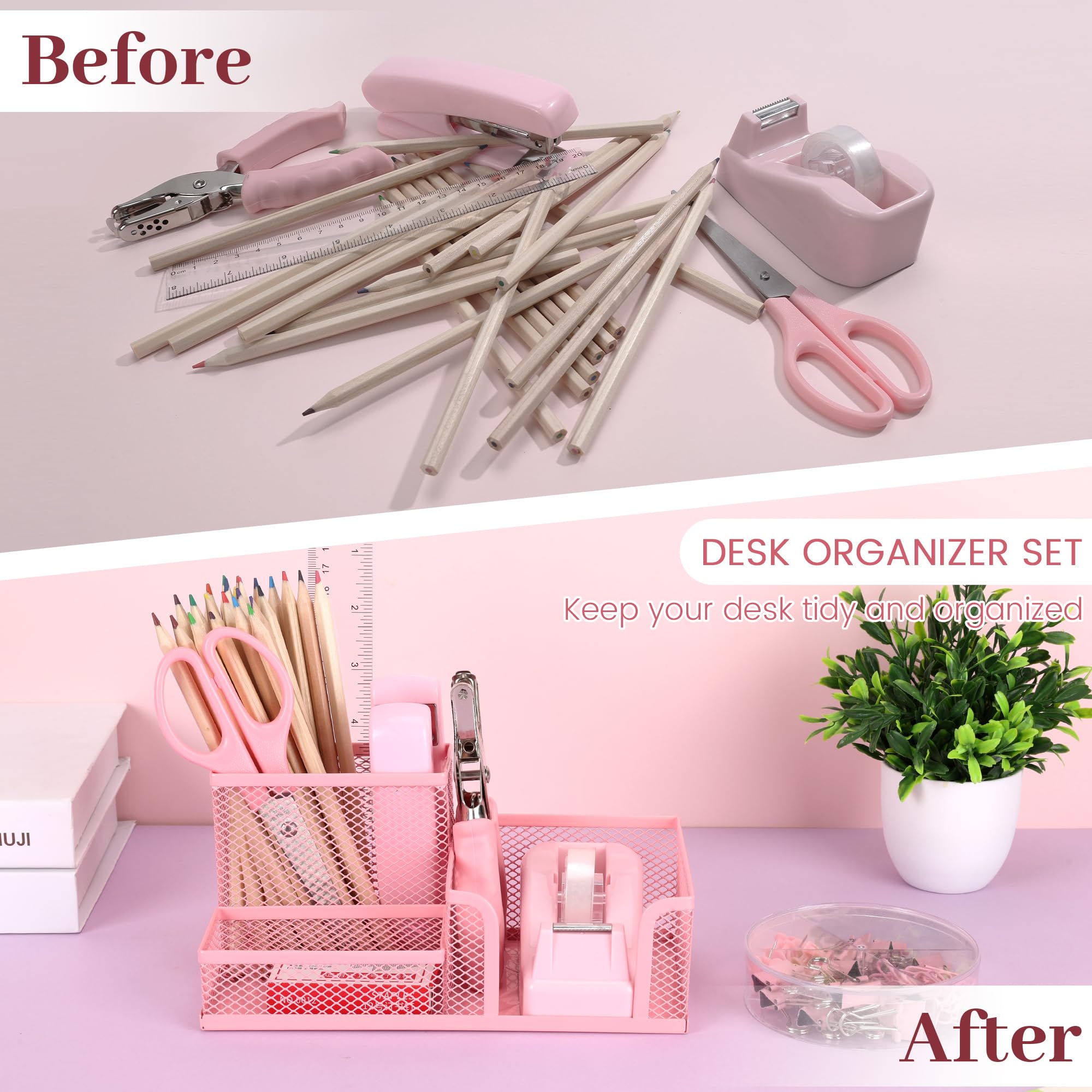 Schreibtisch-Zubehör, 9-teiliges Schreibtisch-Organizer und Zubehör mit Netz-Stifthalter, Hefter, Klebebandspender, Locher, Bürobedarf-Set für Büro, Zuhause, Schule, Frauen, Studenten
