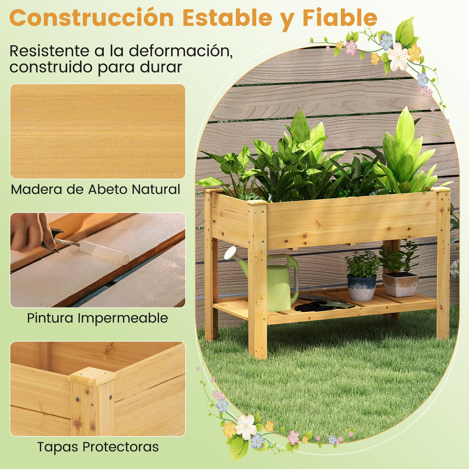 COSTWAY Cama de Jardín Elevada de Madera, Jardinera Elevada con Estante, Drenaje, Contenedor para Flores, Hierbas, Vegetales, Caja de Plantar para Interiores y Exteriores, 120x60x80 cm (Natural)