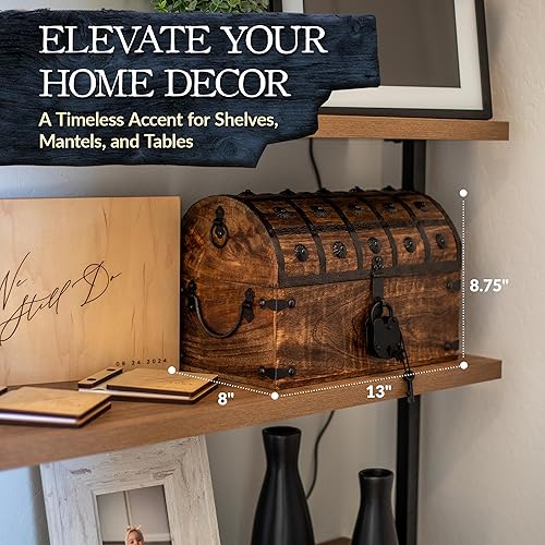 Miniatura 3 de Nautical Cove - Cofre del tesoro pirata con cerradura de hierro y llave de esqueleto, almacenamiento de madera y caja decorativa (L, 13 x 8 x 8.25)