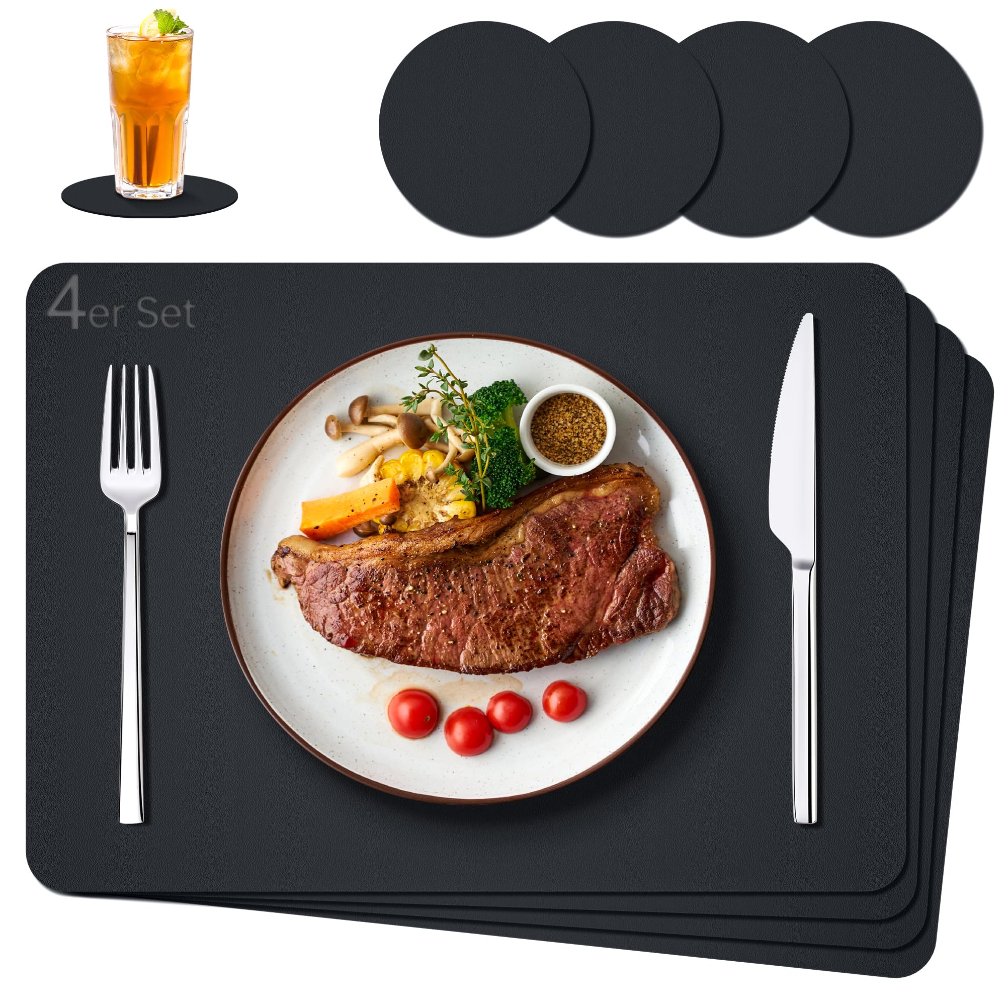 IKWOLETI Washable Table Placemats with Coasters - PU Leather Place Mats for Table - Double-Sided Placemats Ideal for Kitchen and Office, Set of 4, Black — image 1