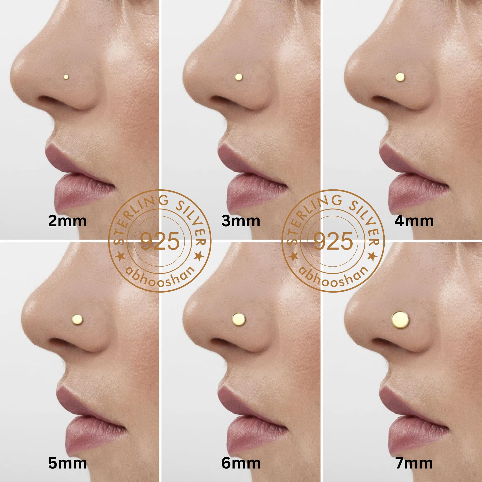 abhooshan 92.5 Sterling Silver & Gold Plated Flat Round Nose Pin For Women & Girls Stylish and Latest Body Jewelry for Couch Helix |Size 2mm to 6mm | With Certificate of Authenticity 3