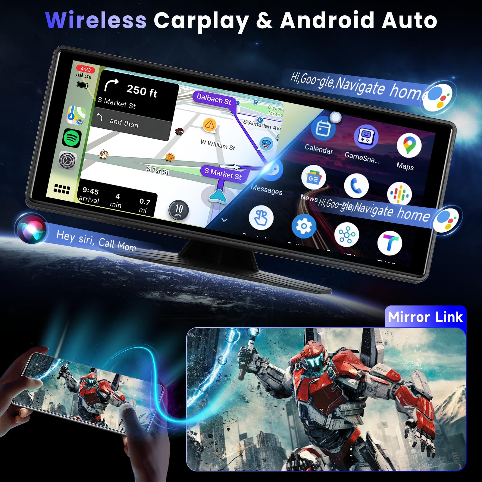Hodozzy Bezprzewodowy ekran samochodowy Carplay z systemem Android, 10,26 cala, przenośne radio samochodowe Bluetooth z ekranem dotykowym IPS, EQ/Airplay, sterowanie głosem, nadajnik AUX/TF/FM +