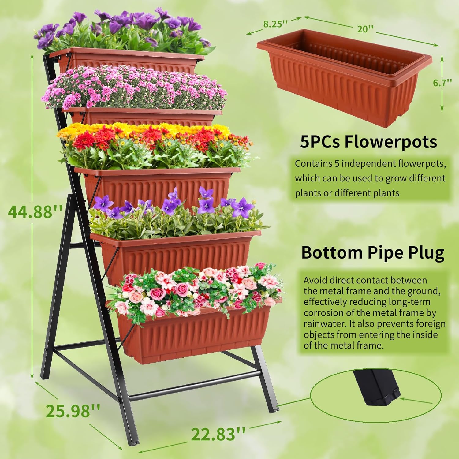 Homdox 3.74FT Vertical Garden Bed, 5 Tiers Raised Garden Planter, 23 * 26 * 45Inch Outdoor Stand with 4 Hooks for Vegetable Flower, Patio Yard, Brown