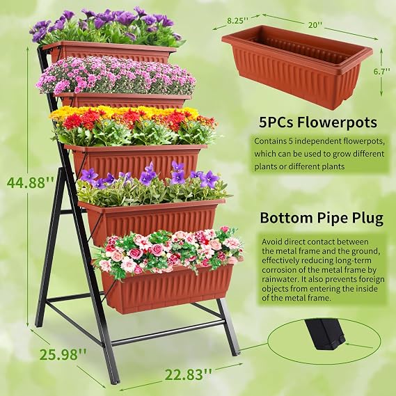 Homdox 3.74FT Vertical Garden Bed, 5 Tiers Raised Garden Planter, 23 * 26 * 45Inch Outdoor Stand with 4 Hooks for Vegetable Flower, Patio Yard, Brown