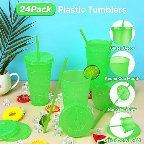 Vista 93 de Paquete de 24 vasos de plástico con tapas y popote, vasos reutilizables con tapas y pajillas, vasos coloridos para bebidas frías, café helado, vasos