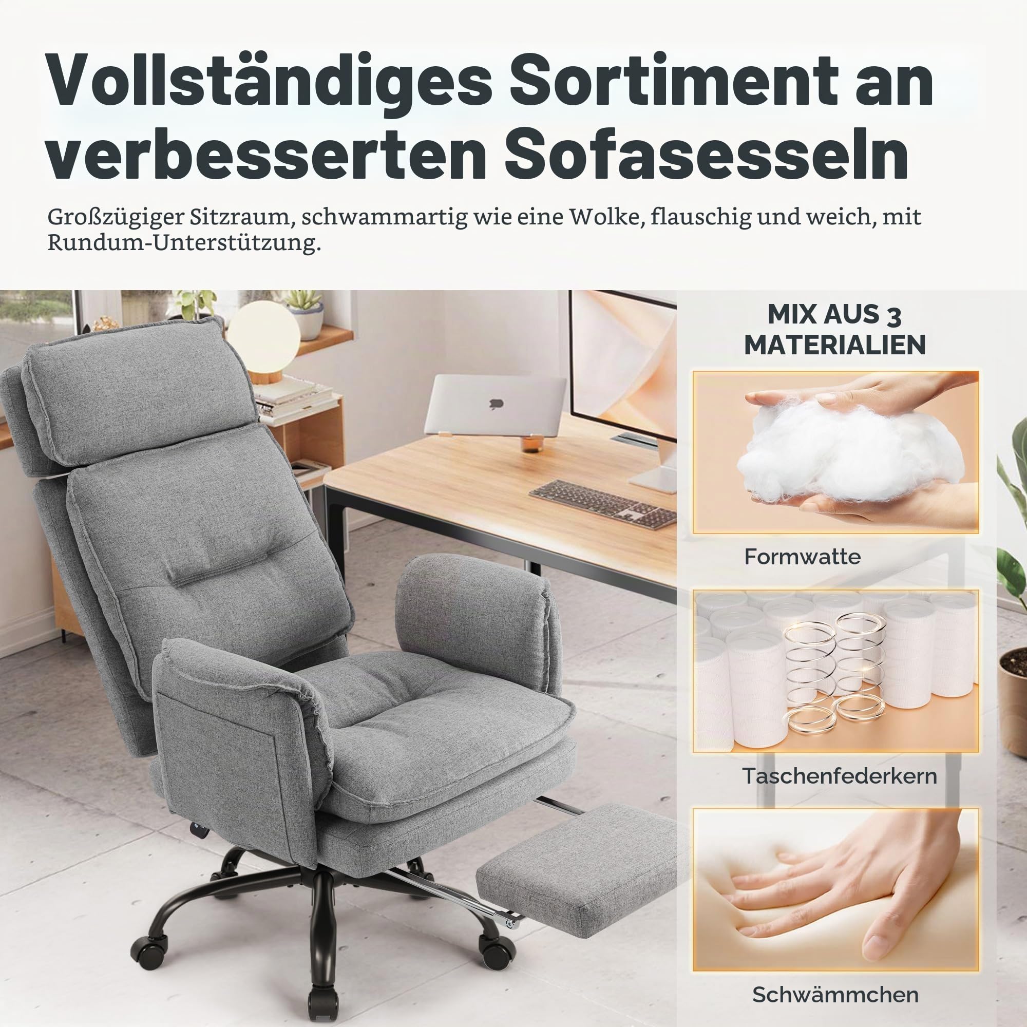 IWMH Ergonomischer Bürostuhl 227kg, XXL Stoff Chefsessel mit Fußstütze Schreibtischstuhl mit höhenverstellbare Kopfstütze,135° Neigefunktion,Drehstuhl für Homeoffice,Gaming (Grau)
