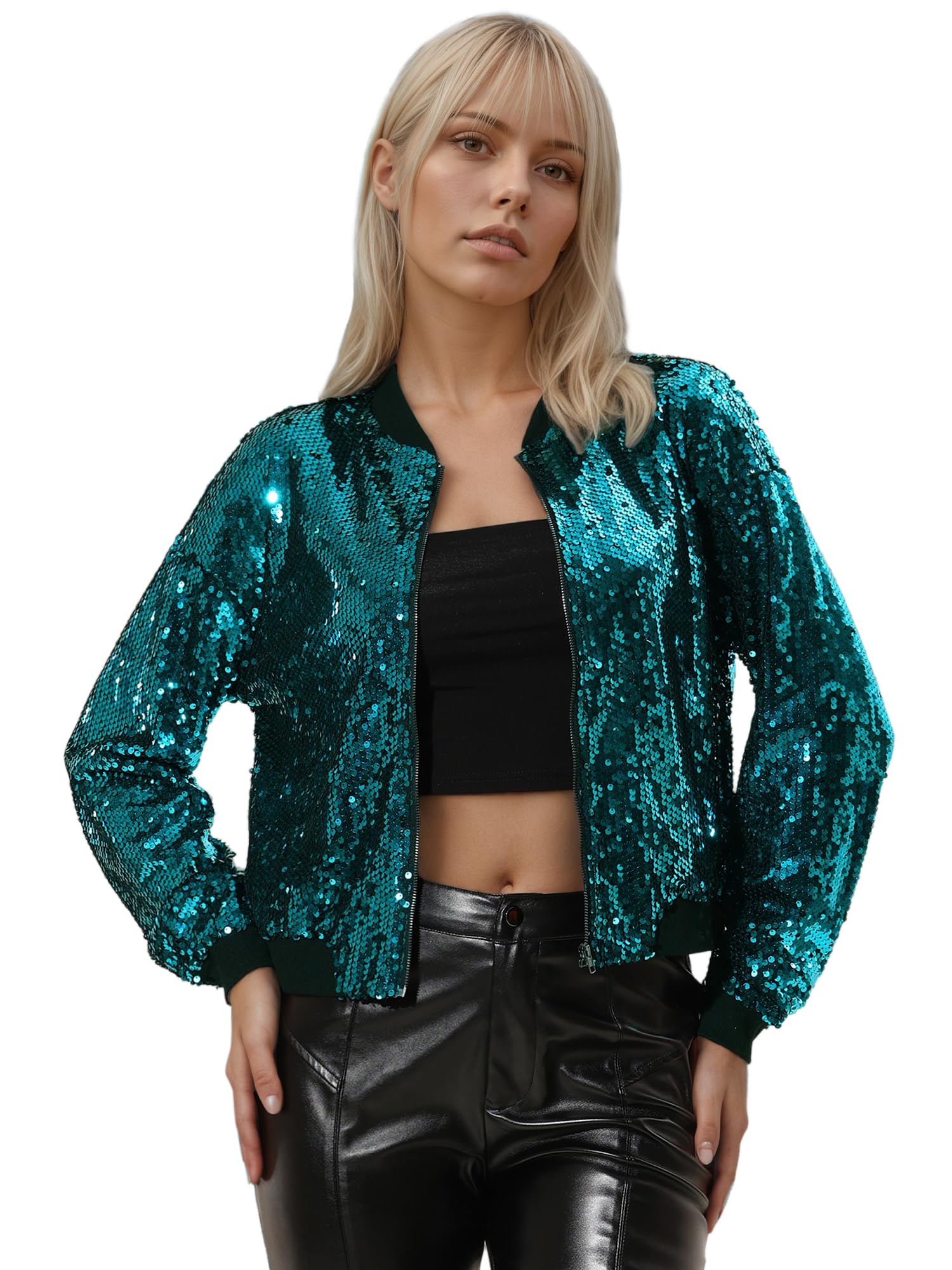 Photo 1 of Allegra K Women's Sequin Jacket Bomber Long Sleeve Zipper Shiny Glitter Tops Sparkly Party Slitter Outfit Medium Lake Blue