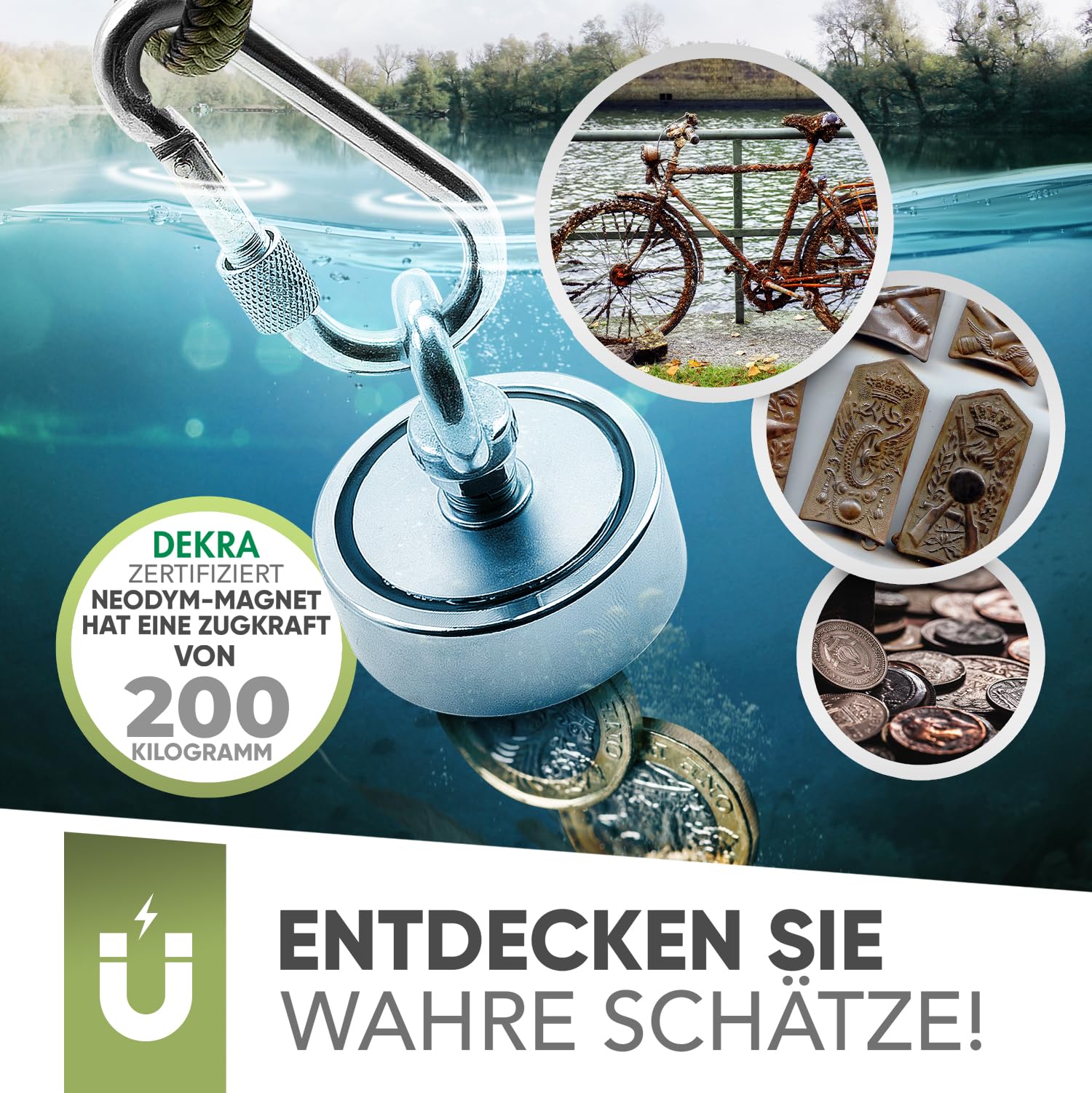 Jungle Monkey® Premium Magnetangel Set 200kg [Zugkraft DEKRA geprüft] Magnetfischen Komplettset inkl. 20m Seil + wasserfeste Handschuhe für Magnet fischen I Magnet angeln in Flüssen und Seen