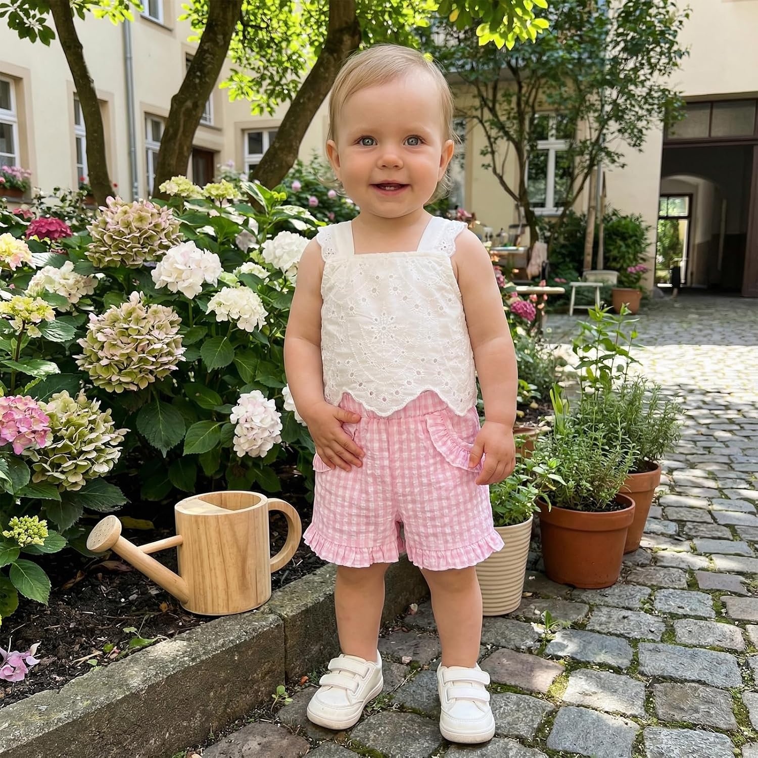 BULINGNA 2Pcs Toddler Baby Girl Summer Outfits Sleeveless Lace Crop Top + Ruffle Plaid Shorts Clothes Set for Girls