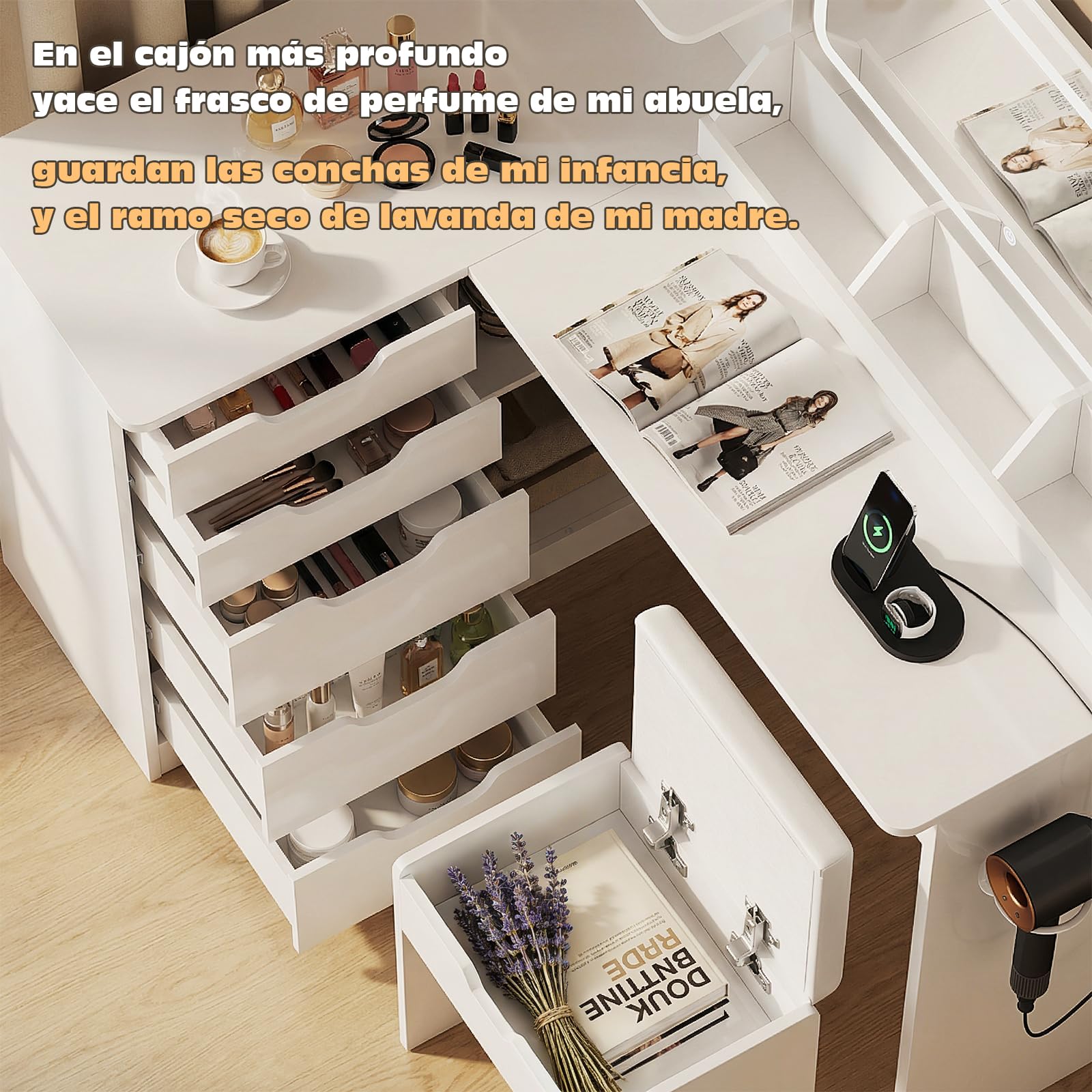 TRIUMPHKEY Tocador de Esquina con Espejo, Mesa de Maquillaje con Luces LED Brillo Ajustable con Enchufes, Soporte para Secador, 5 Cajones, Estante Abierto, Armario Lateral, Moderno, Blanco