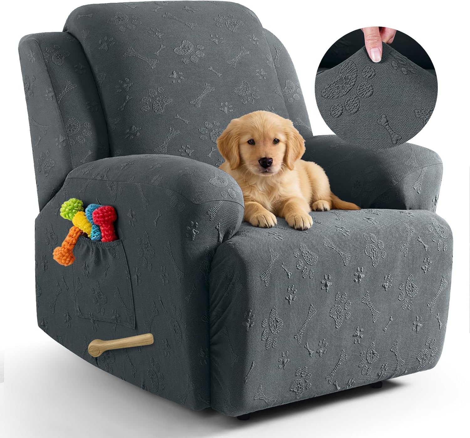 Ruaozz Recliner Chair Covers, 4-Pieces Recliner Cover Stretch Embossed Paw Bone Prints Reclining Chair Slipcovers Soft Furniture Protector for Lazy Boy Recliner (1 Seat, Dark Gray)