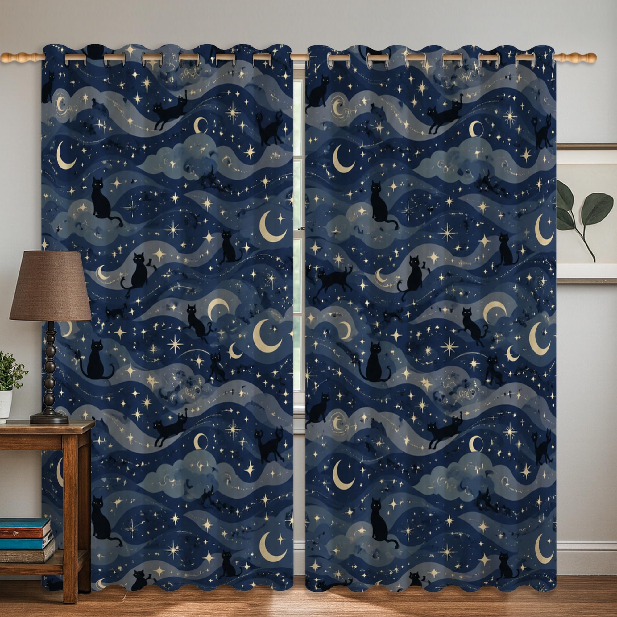 Rideaux occultants thermiques bleu marine à œillets motif chat lune nuage 132x160
