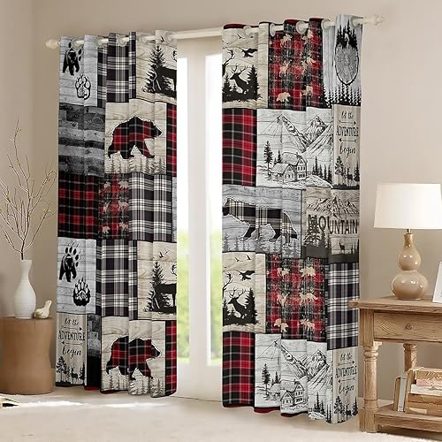 Miniatura 3 de Cortinas rústicas de cabaña de 42 pulgadas de ancho x 63 pulgadas de largo, cortinas de ventana de lobo y oso para dormitorio de granja, cortinas y