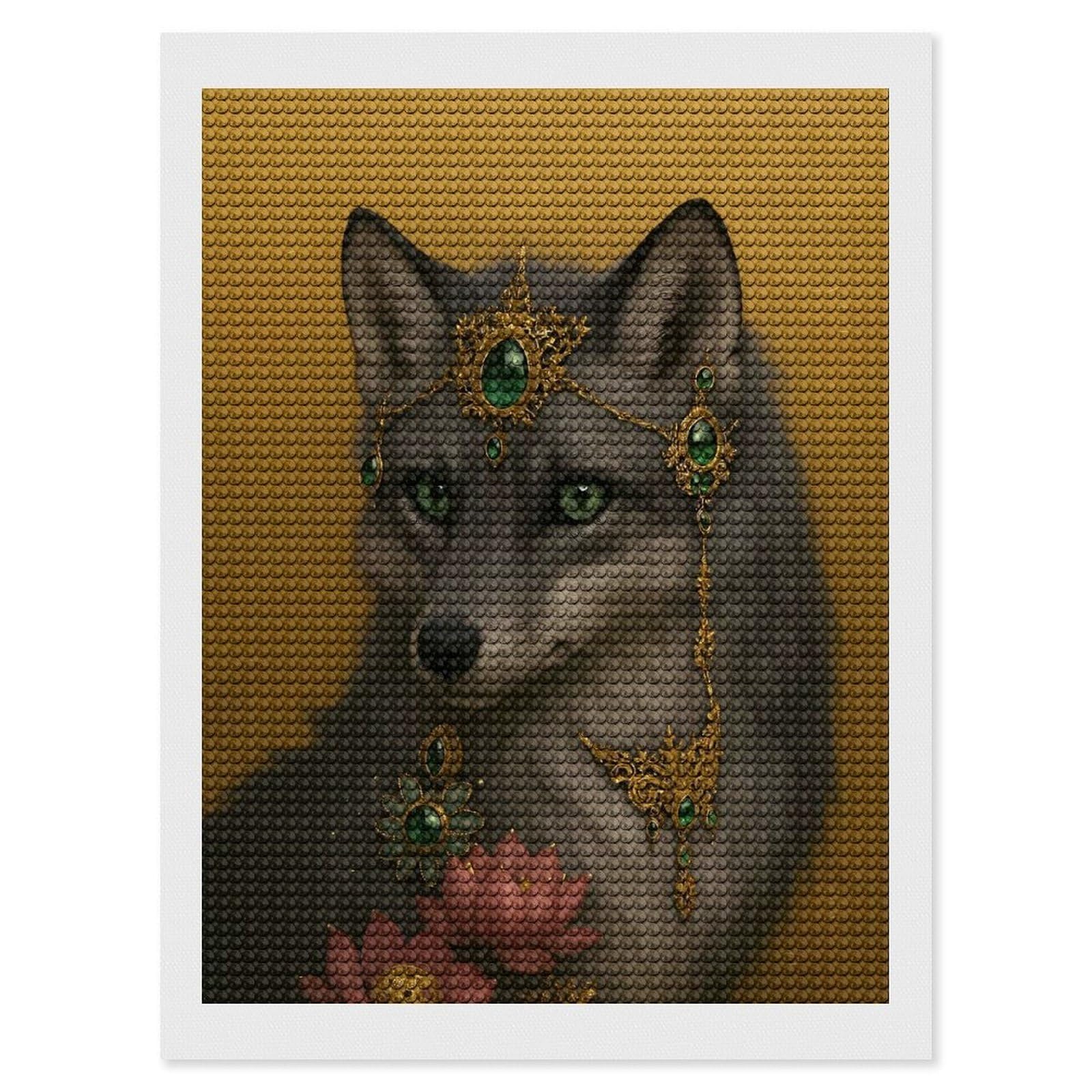 Junmoney Fox with Emerald and Gold Jewelry DIY Diamond Art Canvas Kit 12"x16", Pleasing Wall Art Project, Easy Handmade Project, Living Room Decor