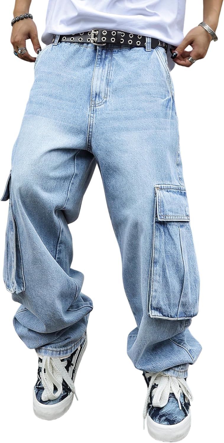 Men's Y2K Hip Hop Baggy Cargo Jeans Loose Fit Wide Leg Denim Pants Casual Streetwear Trousers