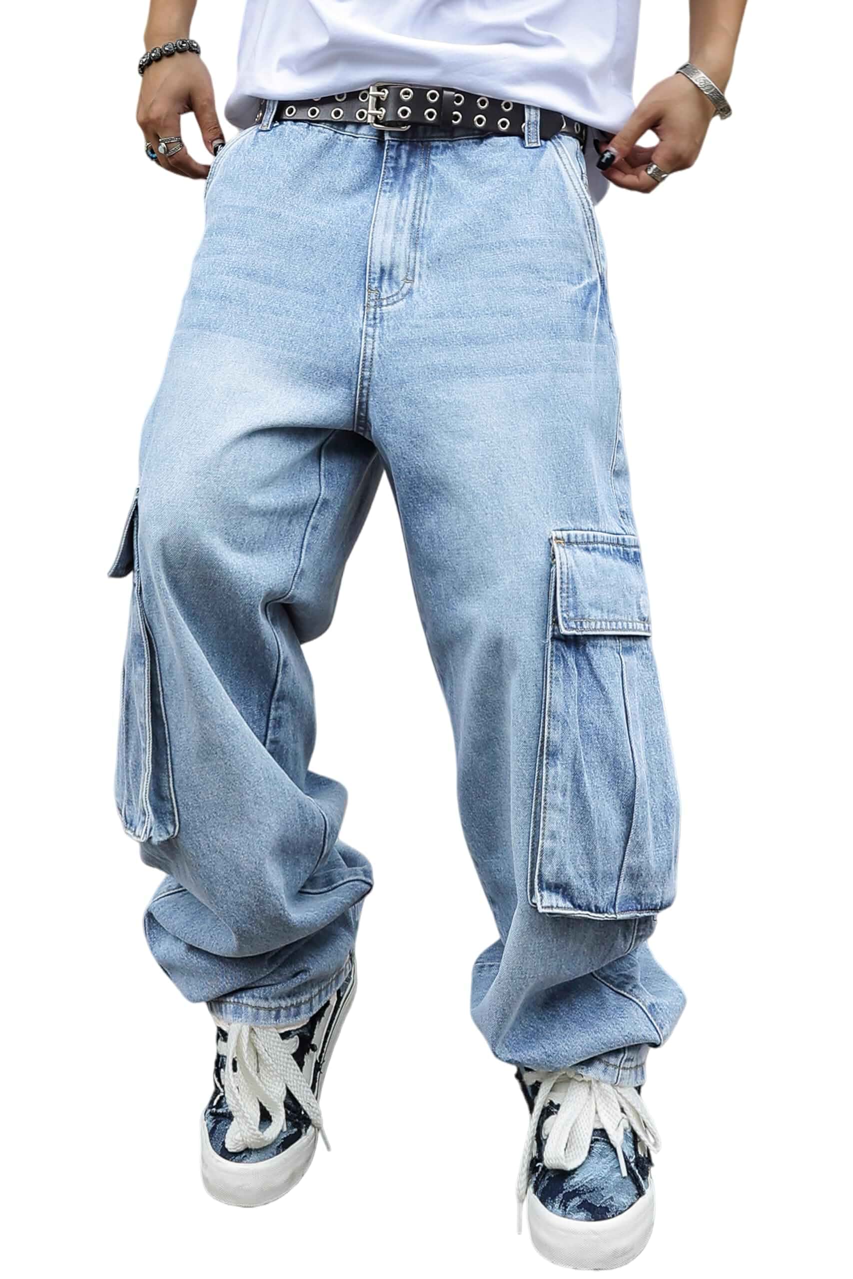 MZNBURAM Men's Y2K Hip Hop Baggy Cargo Jeans Loose Fit Wide Leg Denim Pants Casual Streetwear Trousers Cargo