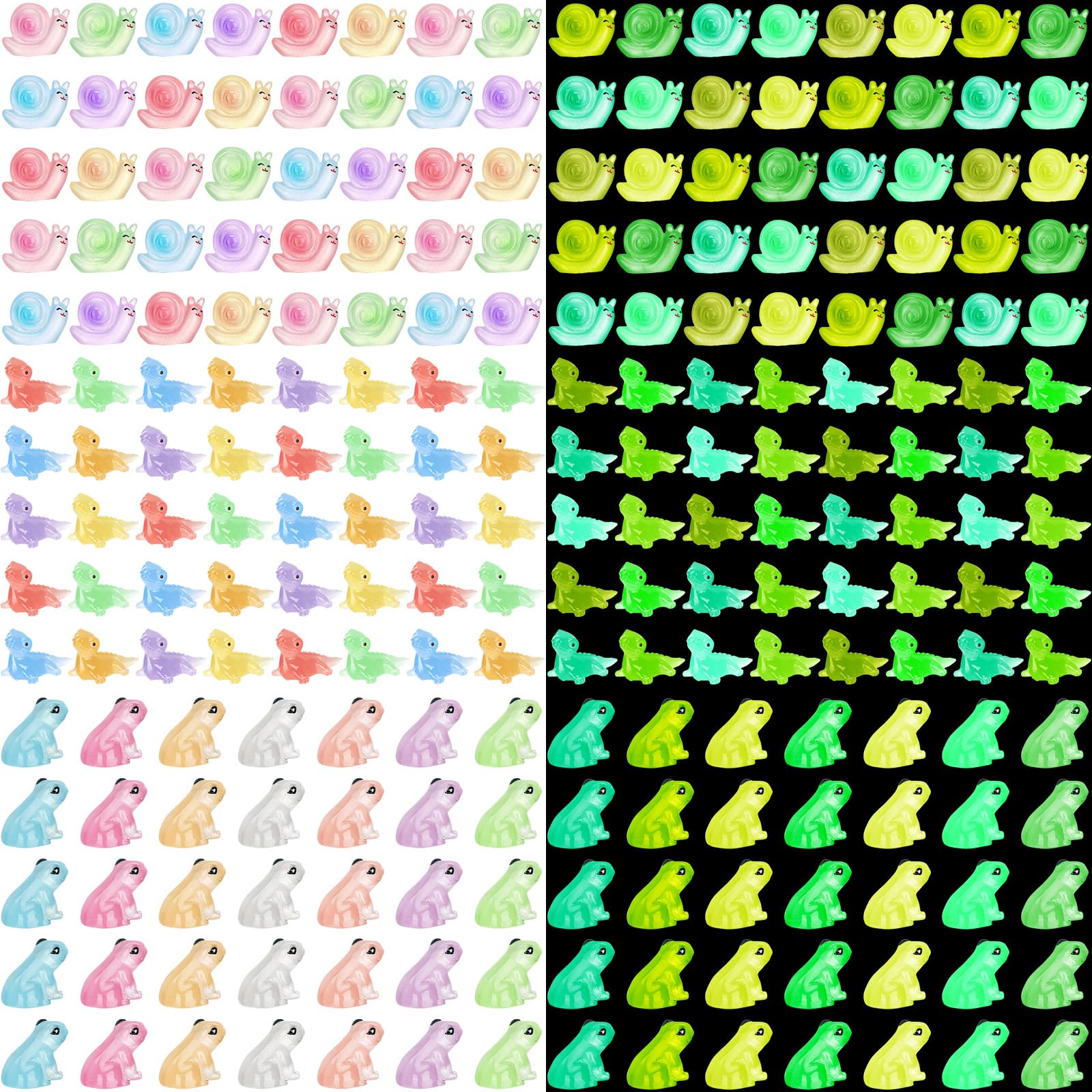 Huwena 115 Pcs Luminous Mini Figurines Include 40 Pcs Luminous Mini Resin Lizards 40 Pcs Glow in The Dark Tiny Snails Bulk and 35 Pcs Glow in The Dark Frog Miniatures for DIY Garden Dollhouse, Small