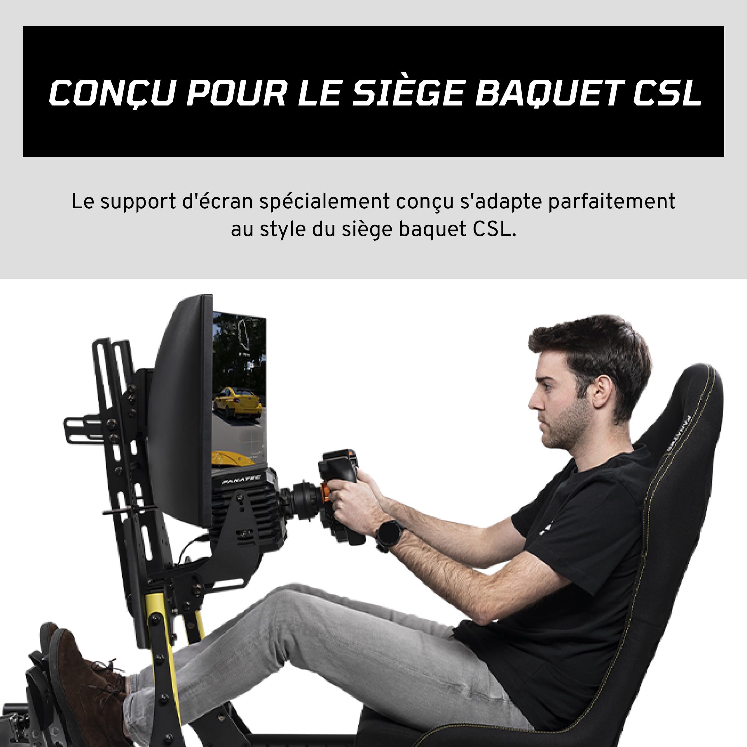 Fanatec CSL Support Pour écran du Cockpit – Solide et Sécurisée, Conçu spécialement pour le siège baquet CSL, Compatible avec une Large Gamme D’écrans, Supports Renforcés, Entièrement Réglable – Noir