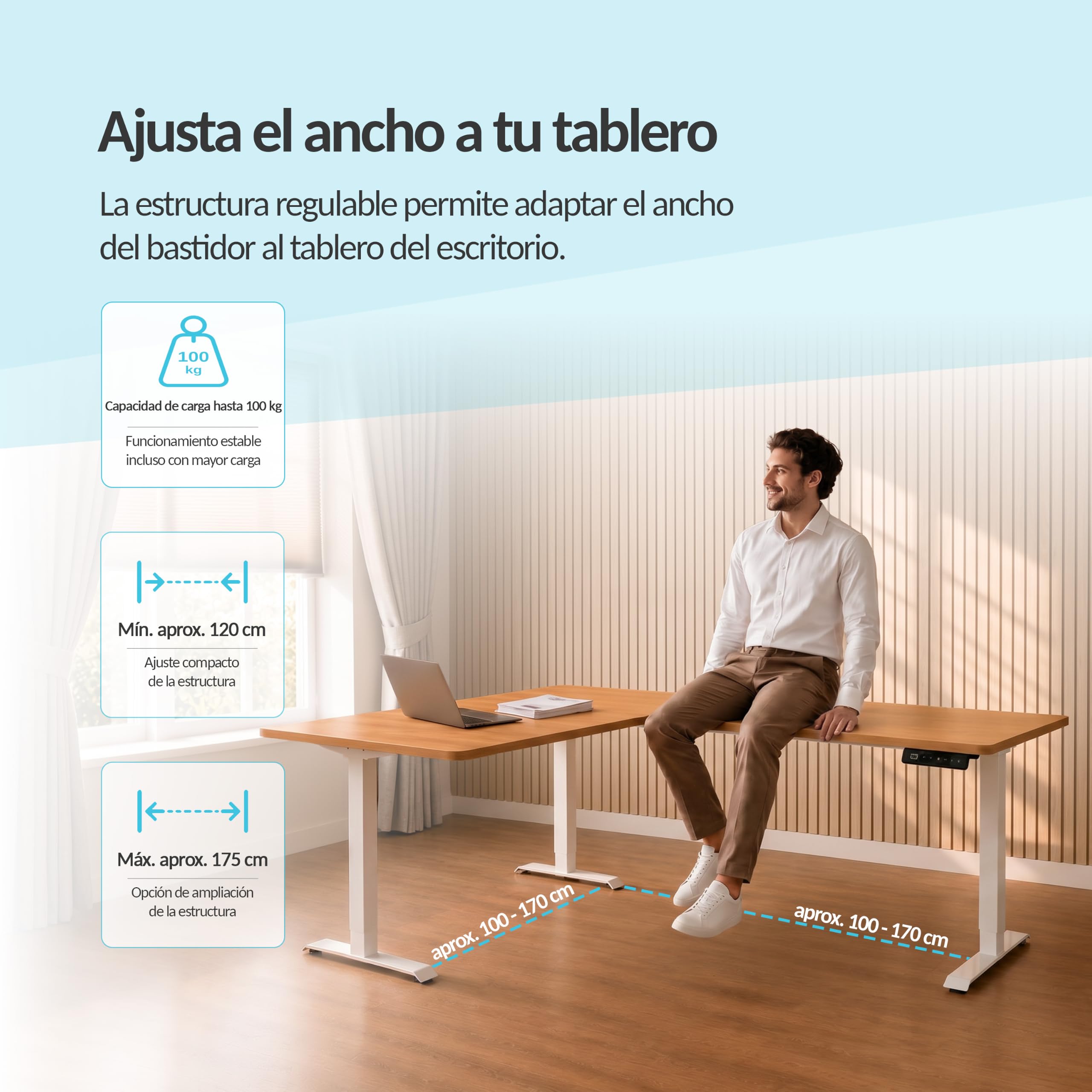 POKAR Estructura para Escritorio Elevable en L Eléctrica | Ángulo Regulable de 0 a 90°, Altura 70 a 118 cm | Panel de Memoria con USB-C y USB-A | Base para Mesa Elevable Sentado y de Pie | Blanco